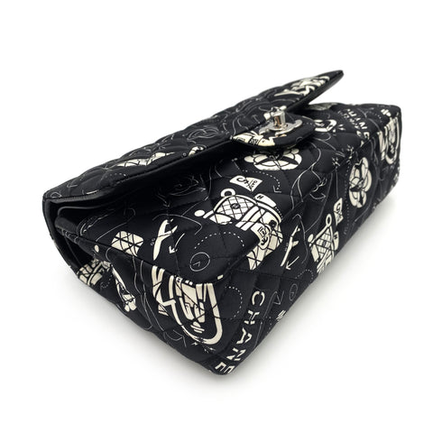 CHANEL AIRLINE CLASSIC FLAP MEDIUM CHAIN SHOULDER BAG BLACK WHITE SATIN 90237321