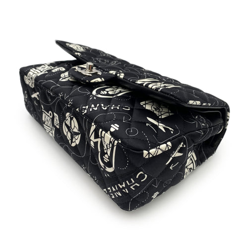 CHANEL AIRLINE CLASSIC FLAP MEDIUM CHAIN SHOULDER BAG BLACK WHITE SATIN 90237321