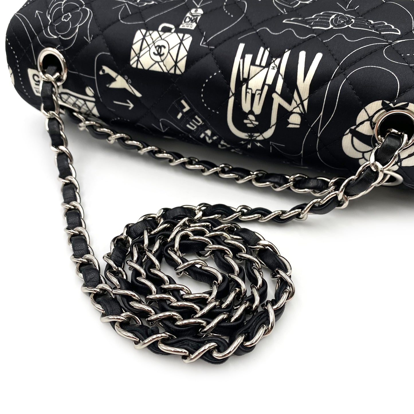 CHANEL AIRLINE CLASSIC FLAP MEDIUM CHAIN SHOULDER BAG BLACK WHITE SATIN 90237321