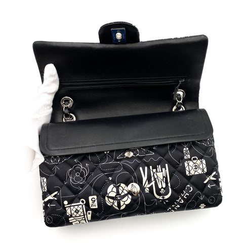 CHANEL AIRLINE CLASSIC FLAP MEDIUM CHAIN SHOULDER BAG BLACK WHITE SATIN 90237321