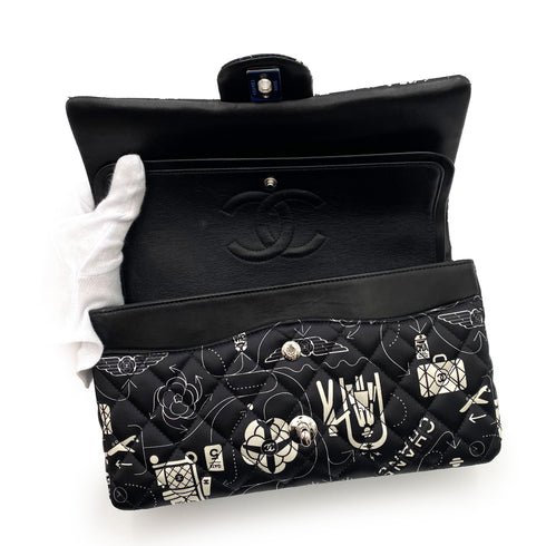 CHANEL AIRLINE CLASSIC FLAP MEDIUM CHAIN SHOULDER BAG BLACK WHITE SATIN 90237321