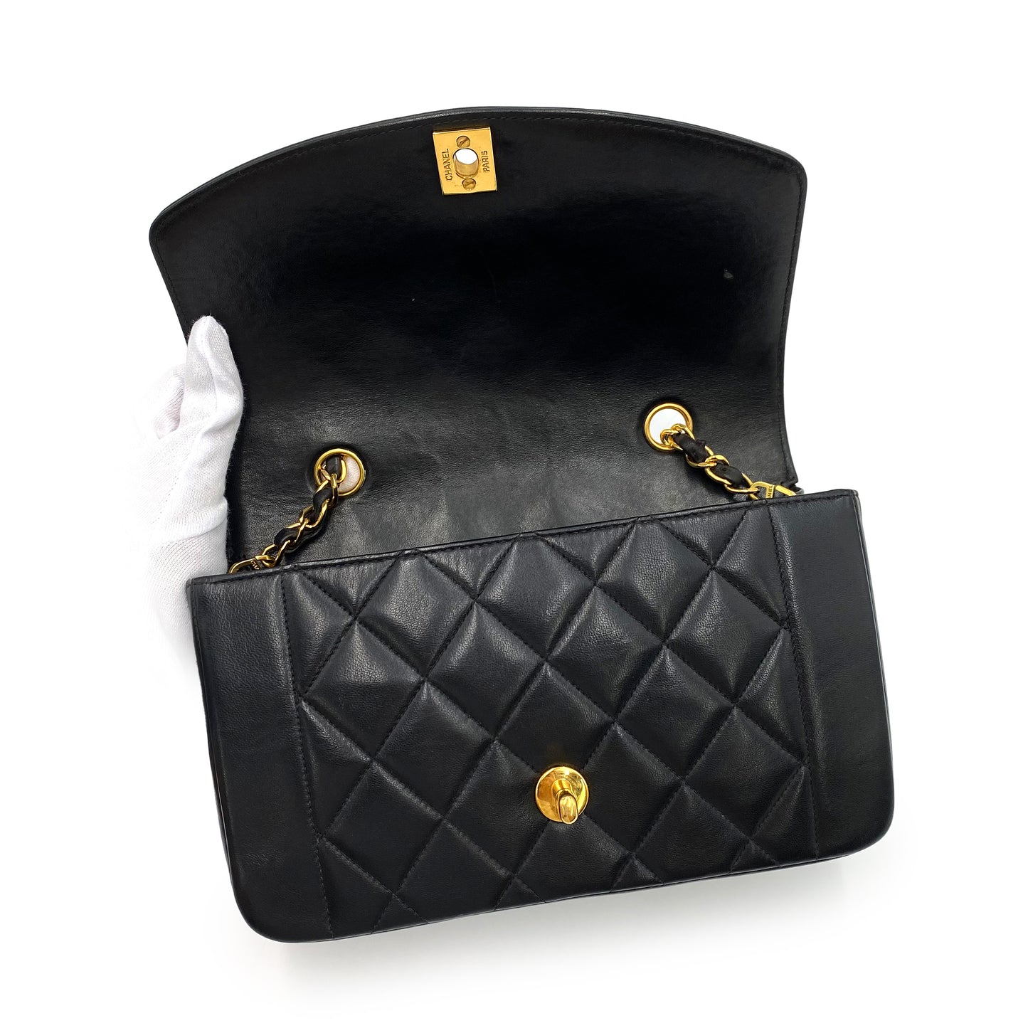 CHANEL VINTAGE DIANA SMALL CHAIN SHOULDER BAG BLACK LAMB SKIN 90238522