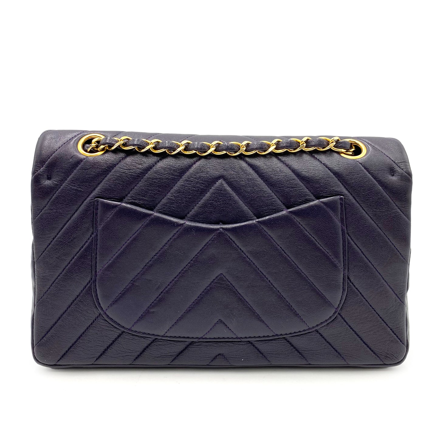 CHANEL VINTAGE CHEVRON DOUBLE FLAP CHAIN SHOULDER BAG PURPLE LAMB SKIN 90238527