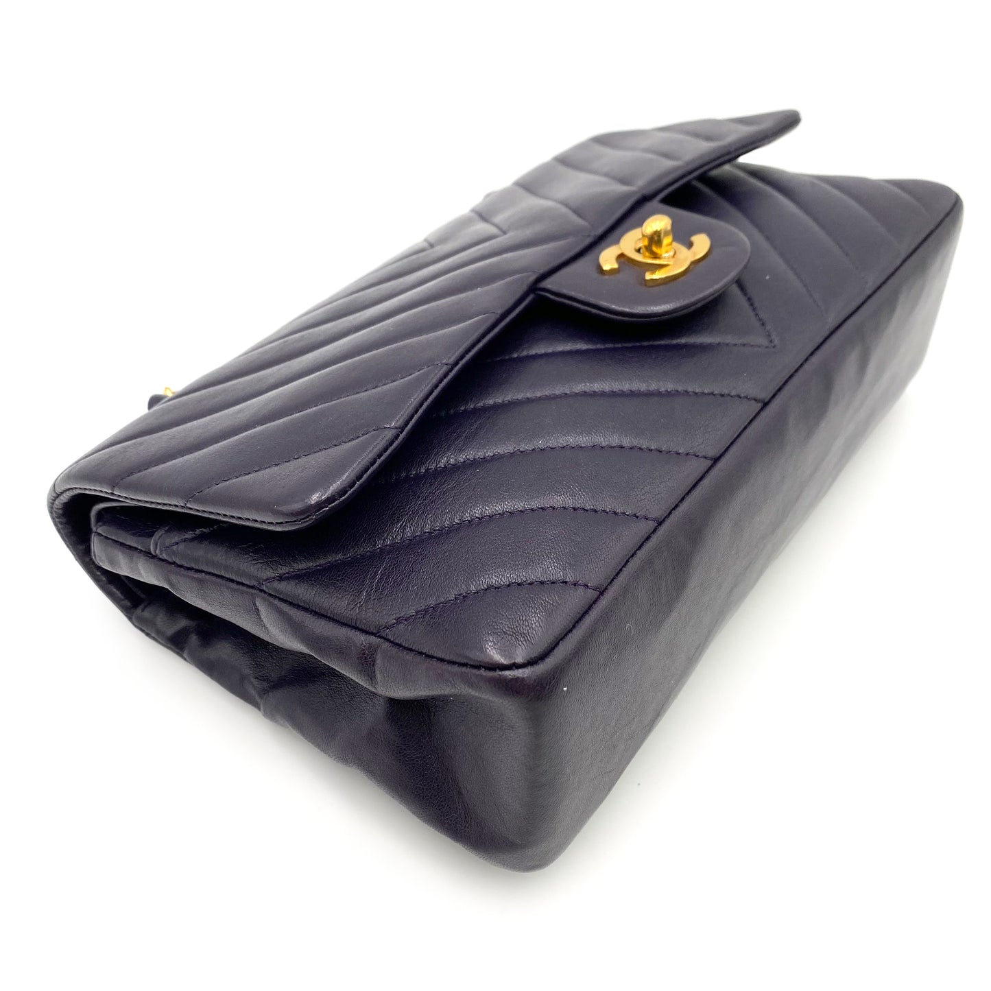 CHANEL VINTAGE CHEVRON DOUBLE FLAP CHAIN SHOULDER BAG PURPLE LAMB SKIN 90238527