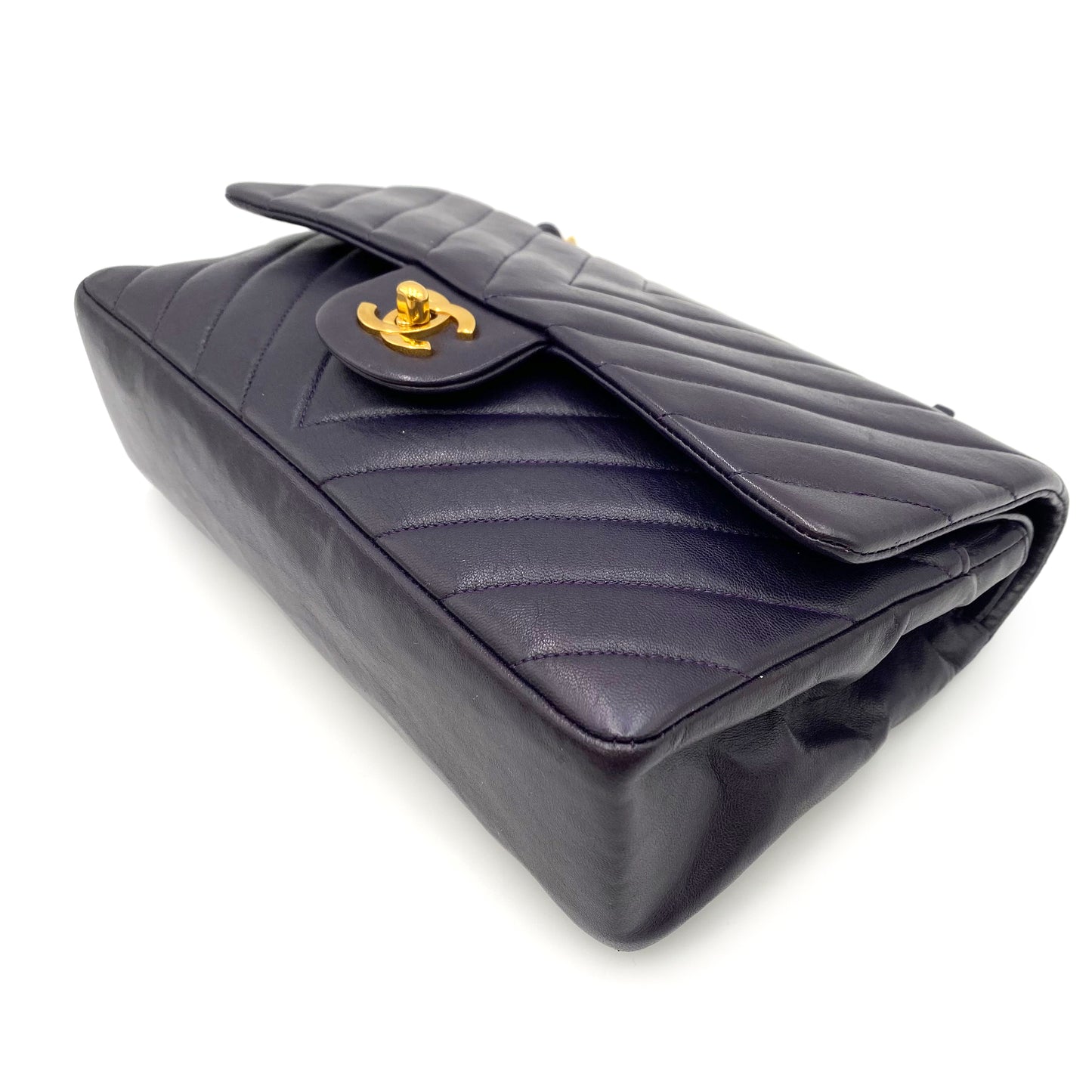 CHANEL VINTAGE CHEVRON DOUBLE FLAP CHAIN SHOULDER BAG PURPLE LAMB SKIN 90238527