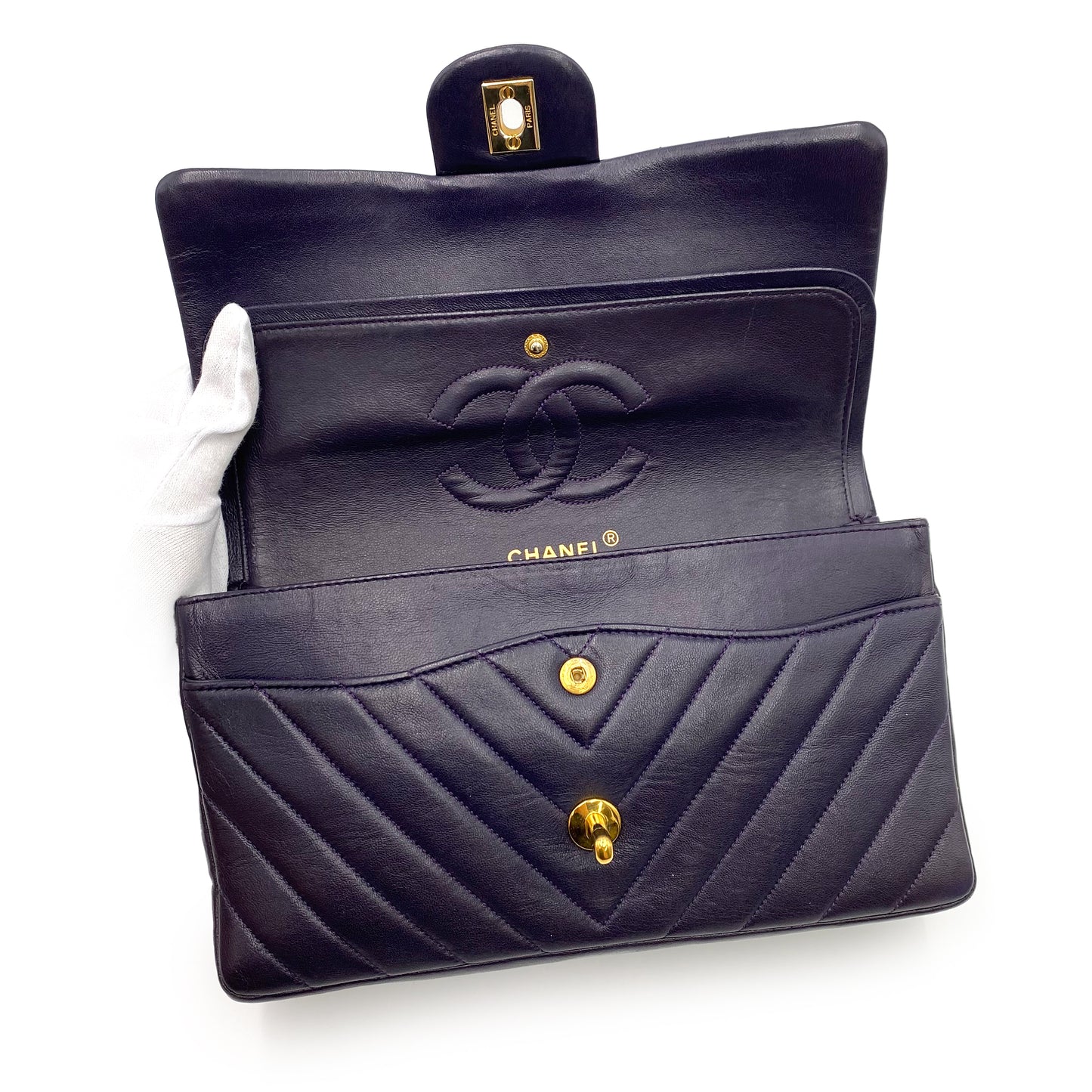 CHANEL VINTAGE CHEVRON DOUBLE FLAP CHAIN SHOULDER BAG PURPLE LAMB SKIN 90238527