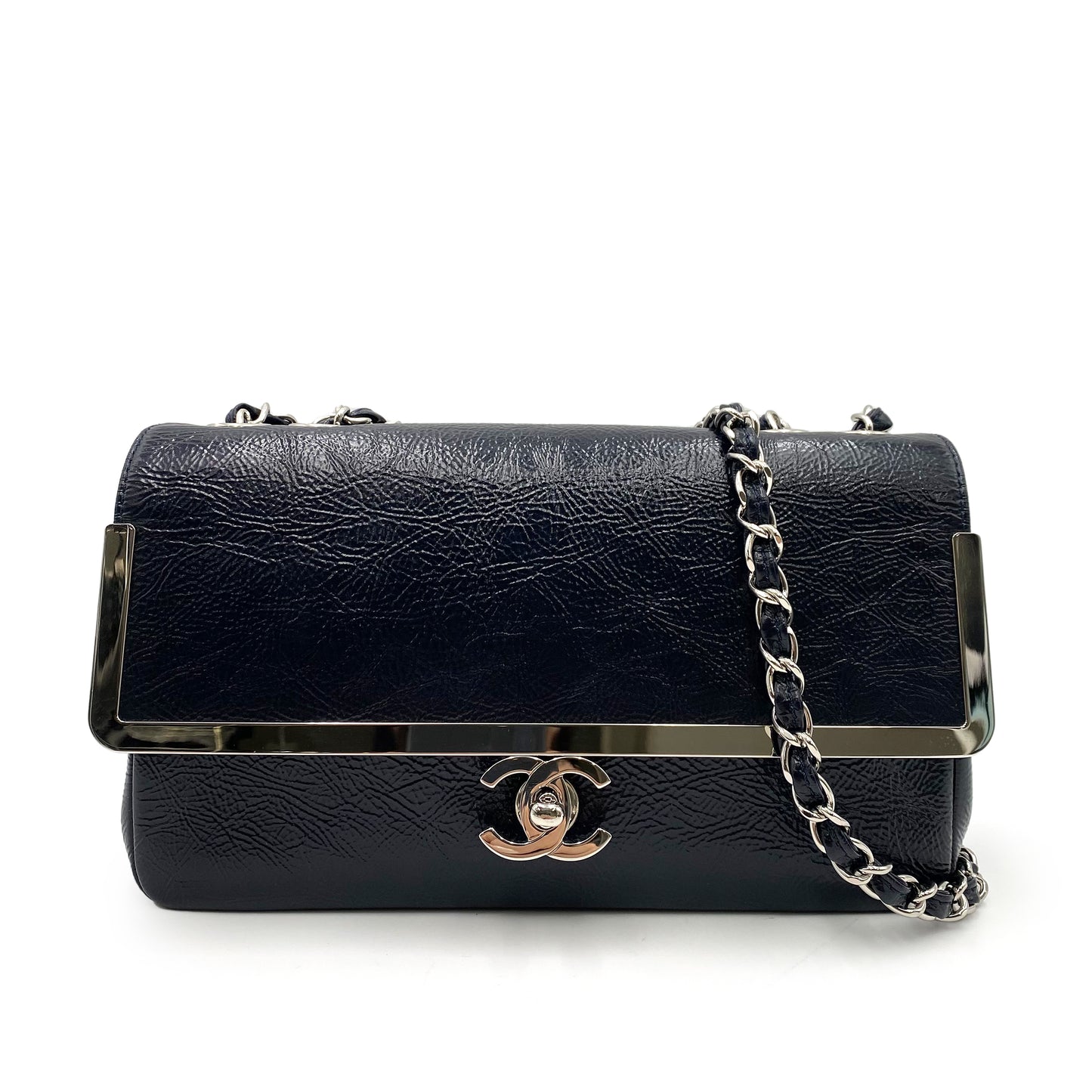 CHANEL VINTAGE COCOMARK CHAIN SHOULDER BAG NAVY CALF SKIN SHW 90238794