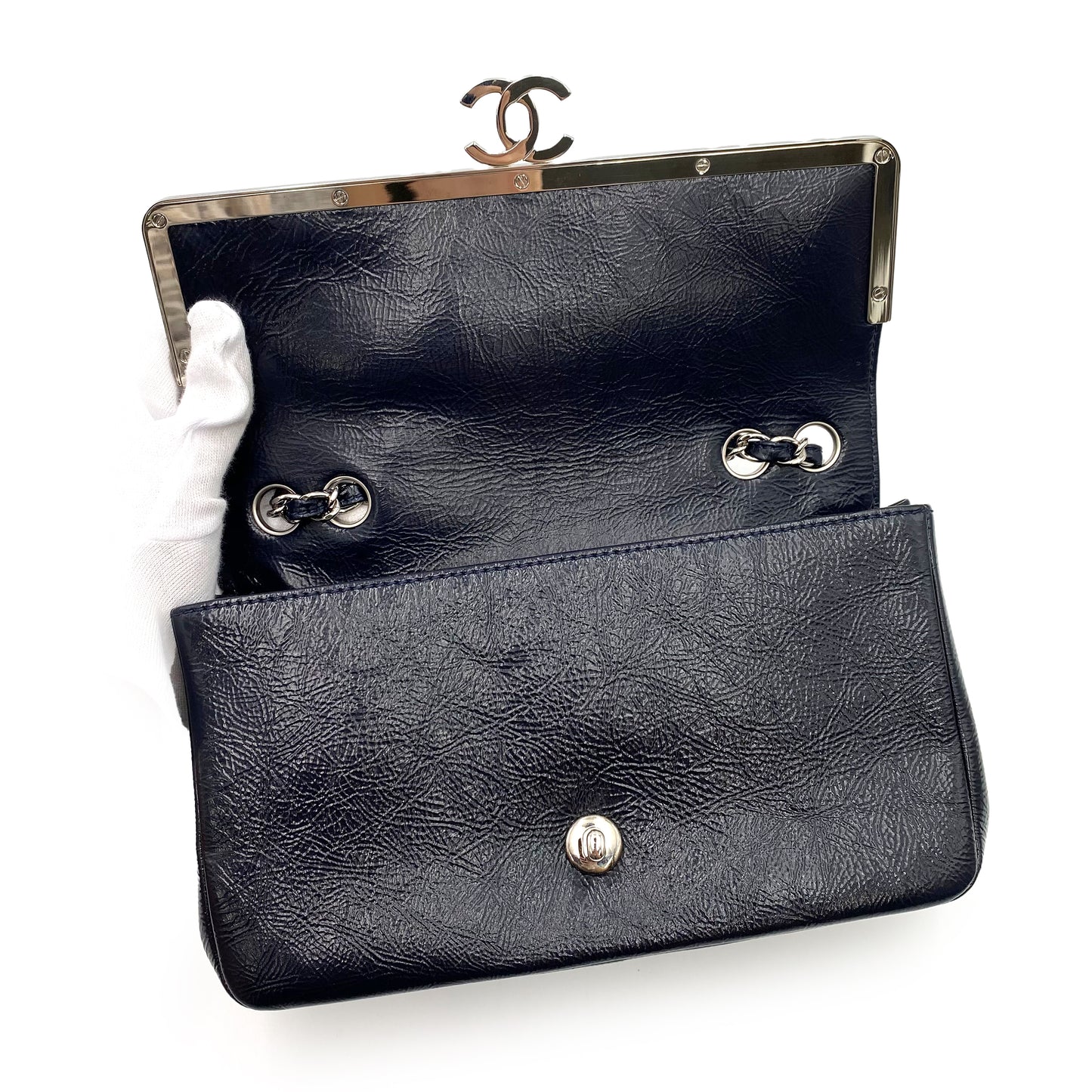 CHANEL VINTAGE COCOMARK CHAIN SHOULDER BAG NAVY CALF SKIN SHW 90238794