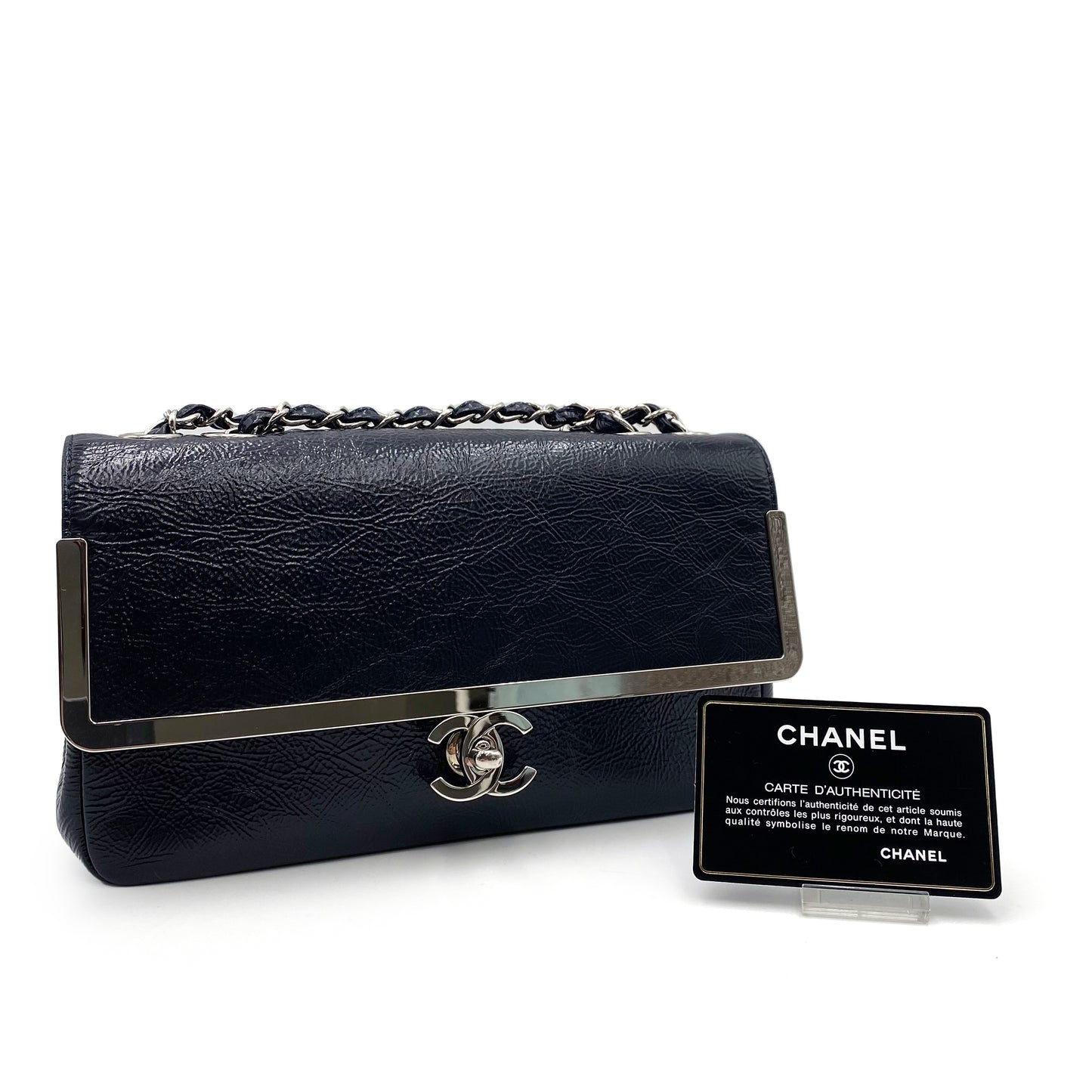 CHANEL VINTAGE COCOMARK CHAIN SHOULDER BAG NAVY CALF SKIN SHW 90238794