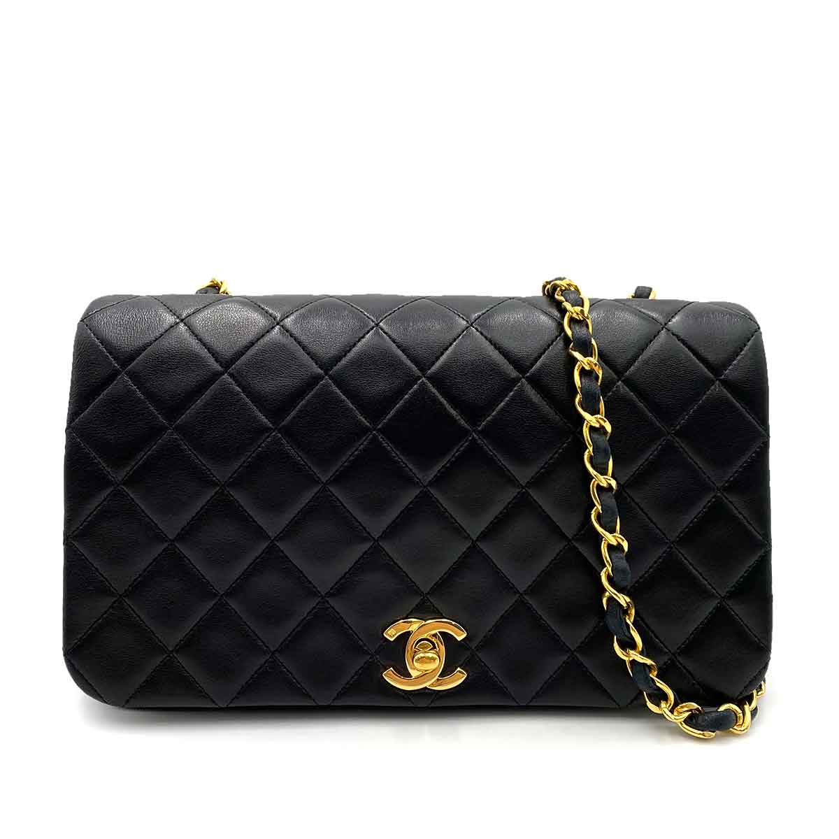 CHANEL VINTAGE FULL FLAP CHAIN SHOULDER BAG BLACK LAMB SKIN 90238801