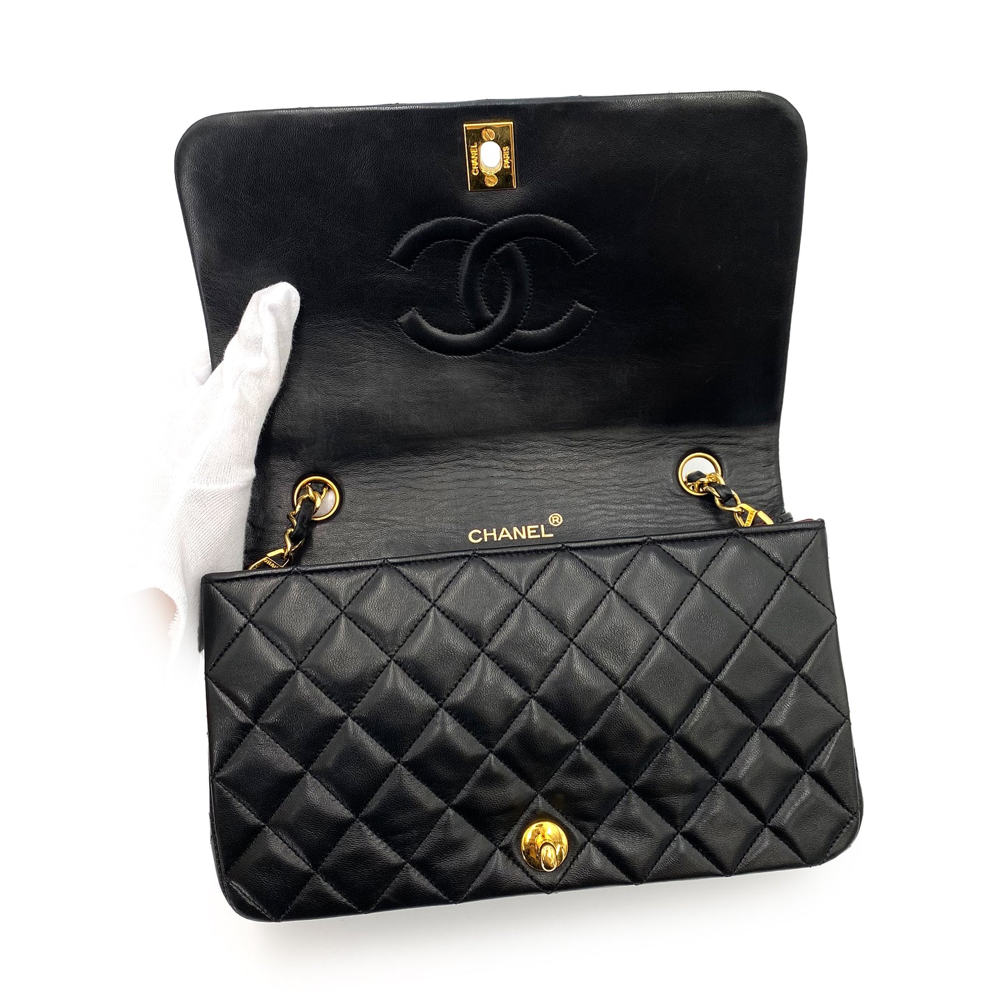 CHANEL VINTAGE FULL FLAP CHAIN SHOULDER BAG BLACK LAMB SKIN 90238986