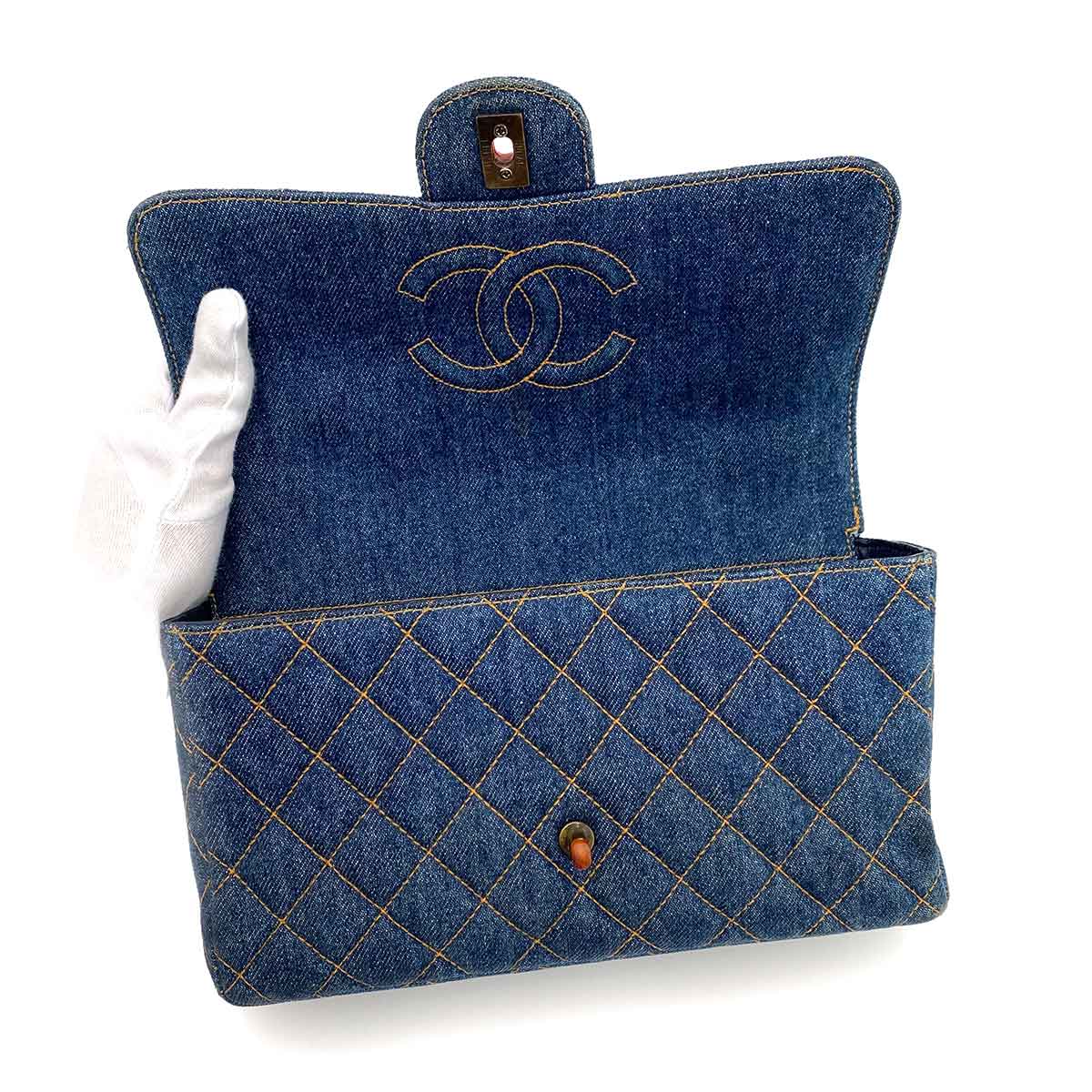 CHANEL VINTAGE TORTOISESHELL CHAIN SHOULDER BAG BLUE DENIM 90238993