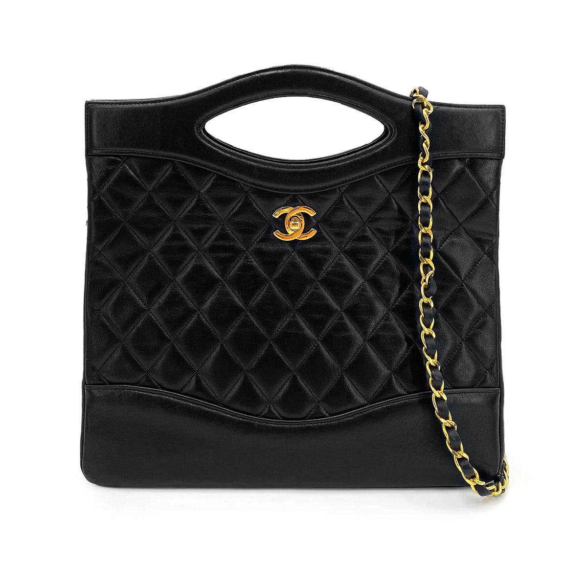CHANEL VINTAGE 2WAY HAND CHAIN SHOULDER BAG BLACK LAMB SKIN 90239090