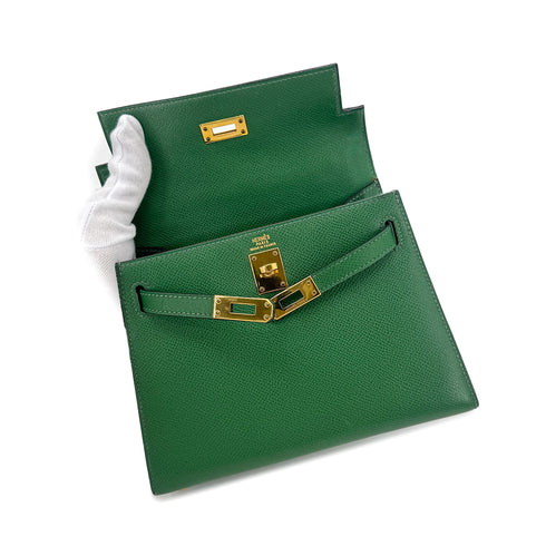 HERMES MINI KELLY 20 SELLIER GREEN COUCHEVEL SHOULDER BAG 〇Y GHW 90239776