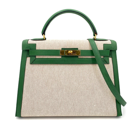 HERMES KELLY 32 SELLIER GREEN COUCHVEL TOILE H HAND SHOULDER BAG 〇X 90239777