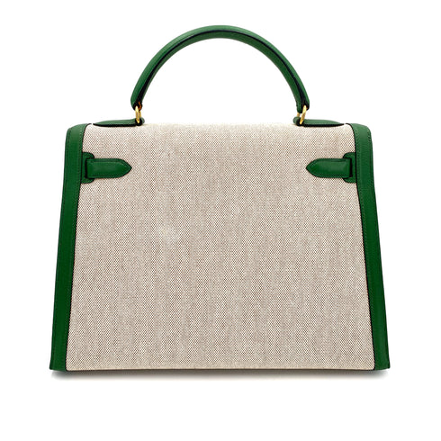 HERMES KELLY 32 SELLIER GREEN COUCHVEL TOILE H HAND SHOULDER BAG 〇X 90239777