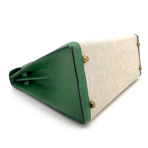 HERMES KELLY 32 SELLIER GREEN COUCHVEL TOILE H HAND SHOULDER BAG 〇X 90239777