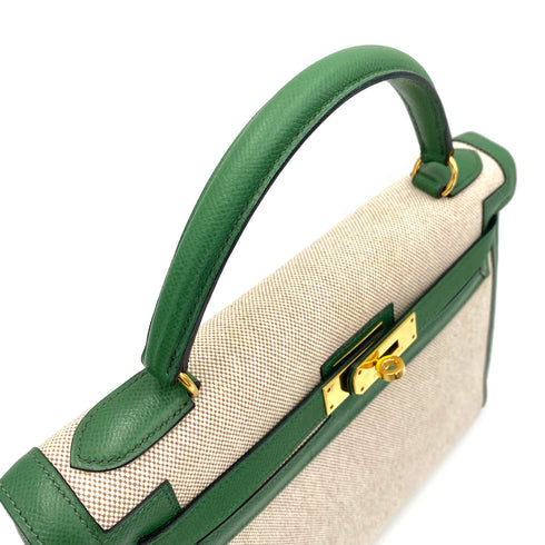 HERMES KELLY 32 SELLIER GREEN COUCHVEL TOILE H HAND SHOULDER BAG 〇X 90239777