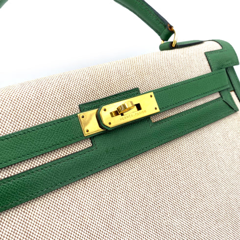 HERMES KELLY 32 SELLIER GREEN COUCHVEL TOILE H HAND SHOULDER BAG 〇X 90239777