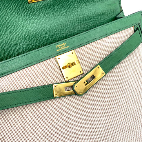 HERMES KELLY 32 SELLIER GREEN COUCHVEL TOILE H HAND SHOULDER BAG 〇X 90239777