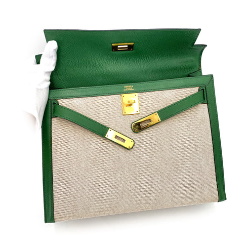 HERMES KELLY 32 SELLIER GREEN COUCHVEL TOILE H HAND SHOULDER BAG 〇X 90239777