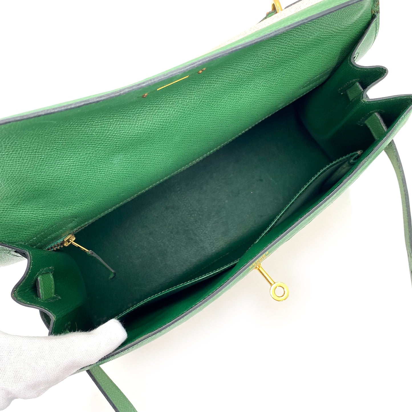 HERMES KELLY 32 SELLIER GREEN COUCHVEL TOILE H HAND SHOULDER BAG 〇X 90239777