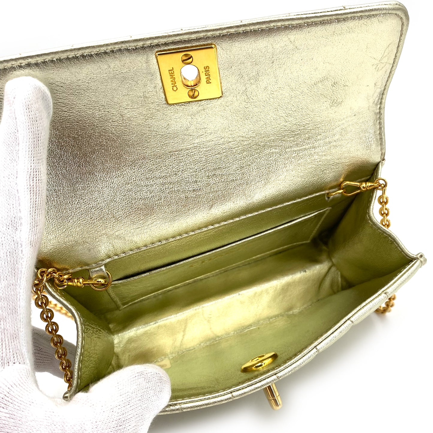 CHANEL VINTAGE MINI MADEMOISELLE CHAIN SHOULDER BAG CHAMPAGNE GOLD LAMB SKIN 90239985