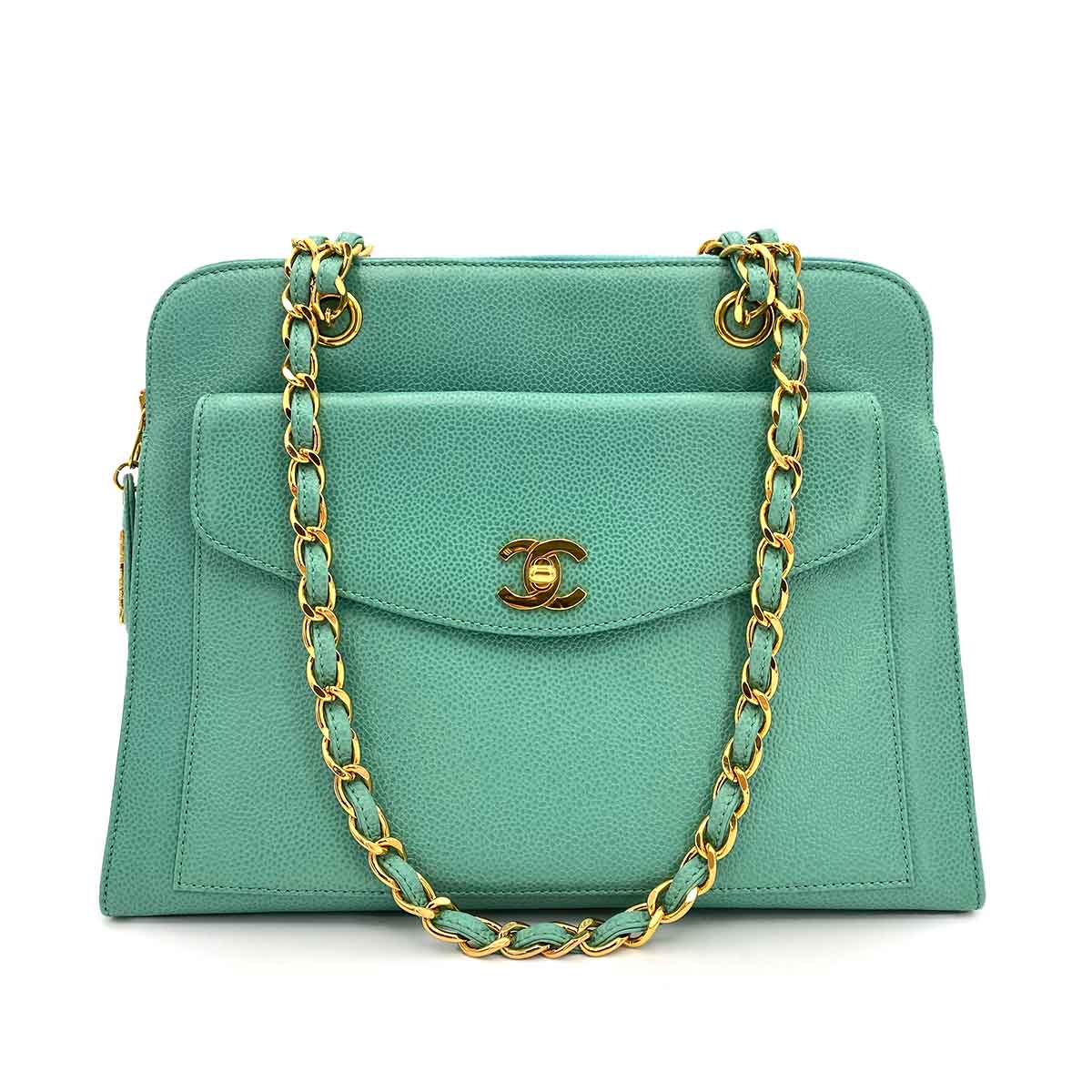 CHANEL VINTAGE CHAIN SHOULDER BAG EMERALD GREEN CAVIAR SKIN 90240412