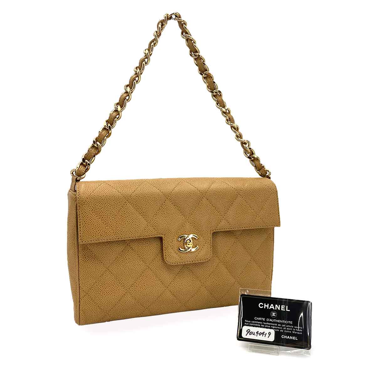 CHANEL VINTAGE MATELASSE CHAIN SHOULDER BAG BEIGE CAVIAR SKIN 90240419