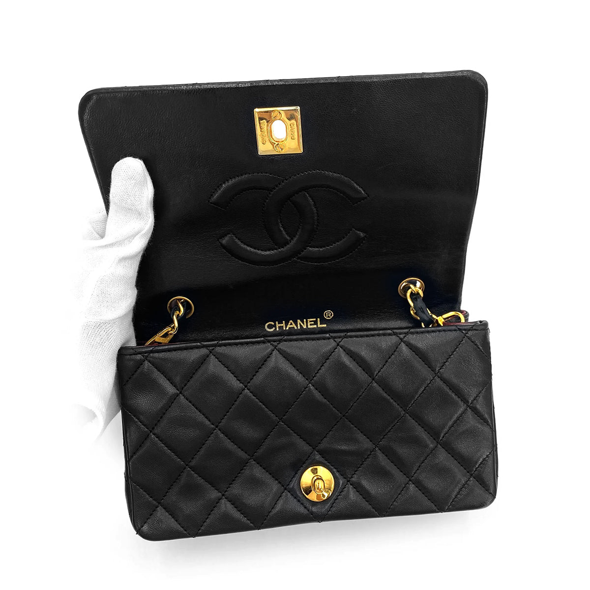 CHANEL VINTAGE MINI FULL FLAP CHAIN SHOULDER BAG BLACK LAMB SKIN 90240421