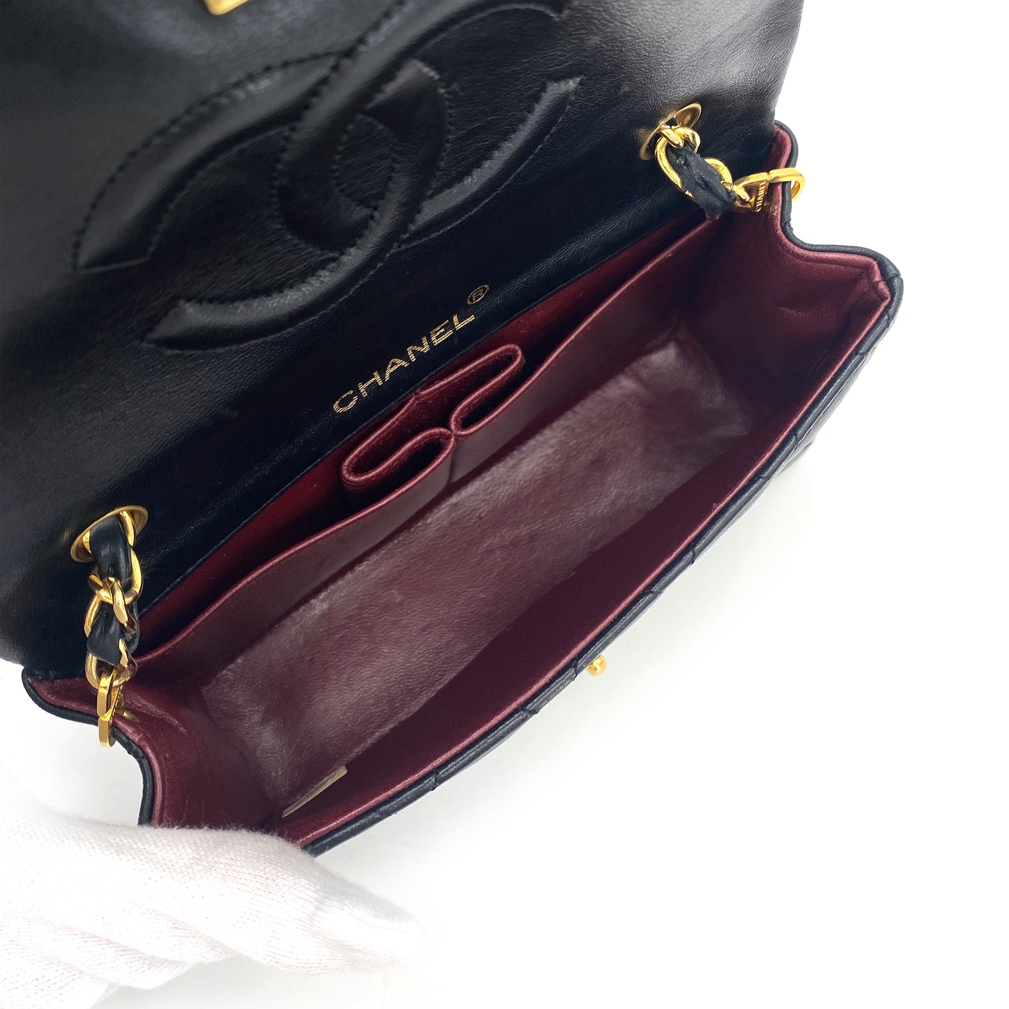 CHANEL VINTAGE MINI FULL FLAP CHAIN SHOULDER BAG BLACK LAMB SKIN 90240421