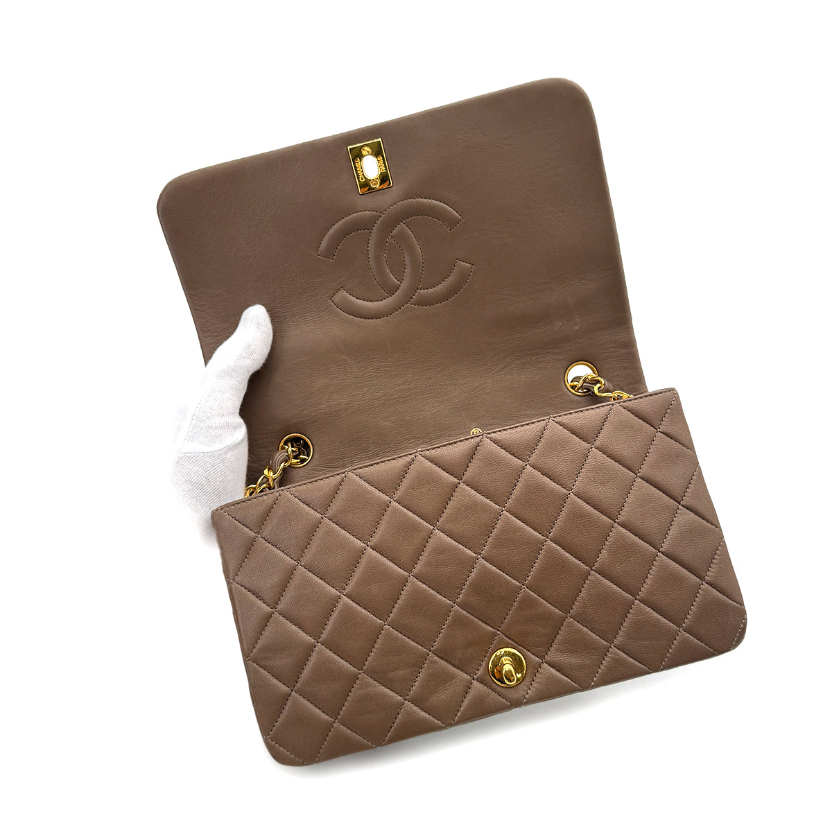 CHANEL VINTAGE FULL FLAP CHAIN SHOULDER BAG MOCA BROWN LAMB SKIN 90240426