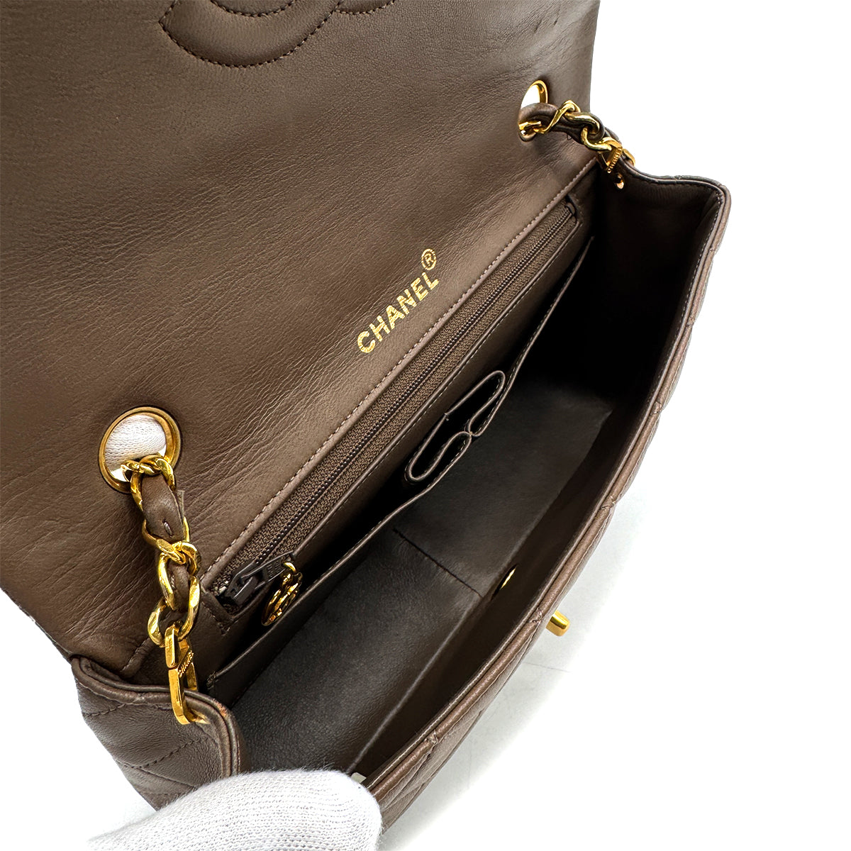 CHANEL VINTAGE FULL FLAP CHAIN SHOULDER BAG MOCA BROWN LAMB SKIN 90240426