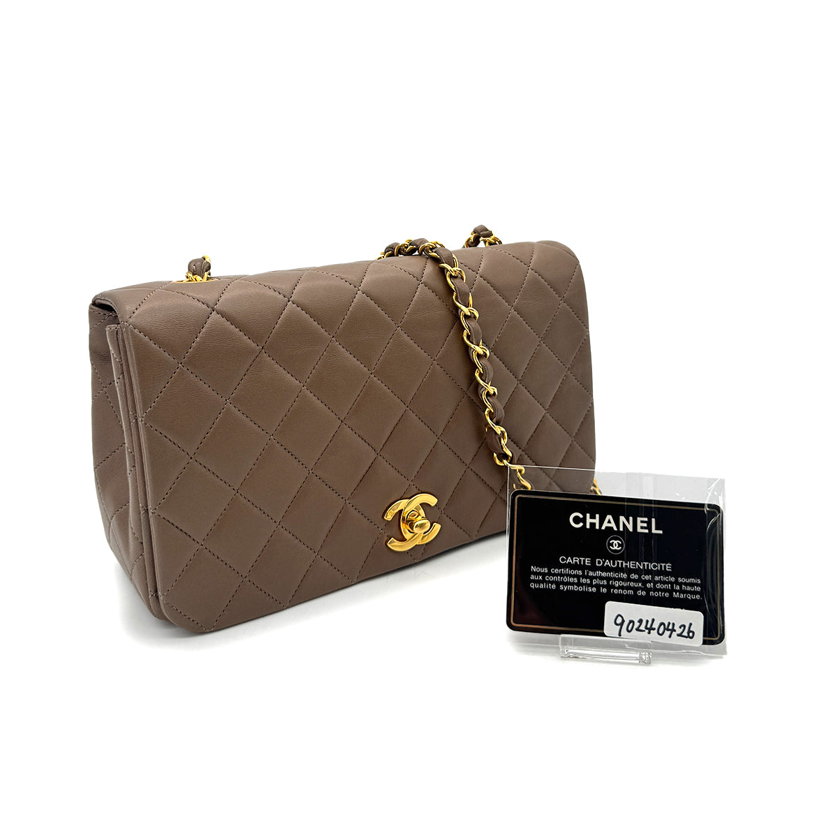CHANEL VINTAGE FULL FLAP CHAIN SHOULDER BAG MOCA BROWN LAMB SKIN 90240426