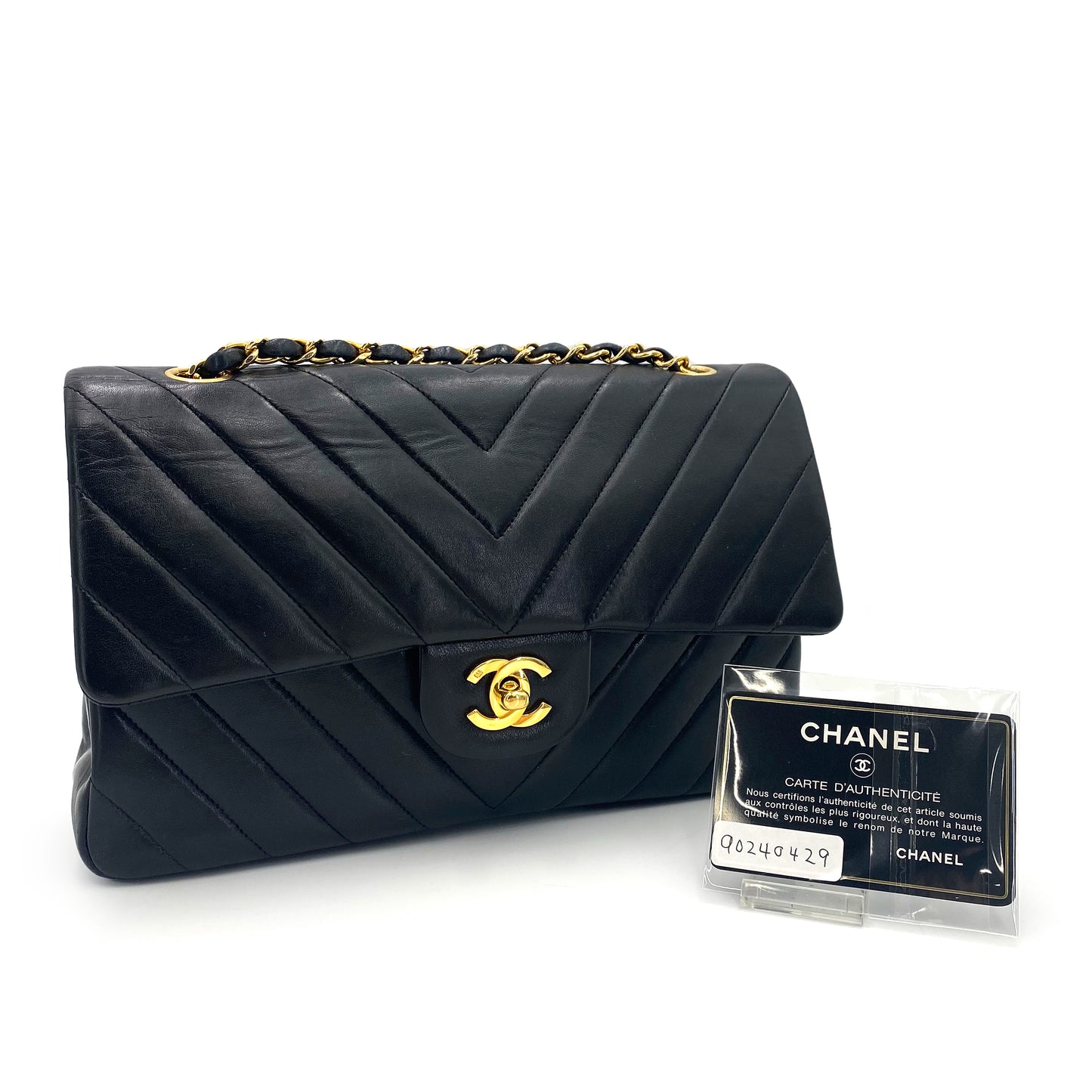 CHANEL VINTAGE CHEVRON DOUBLE FLAP CHAIN SHOULDER BAG BLACK LAMB SKIN 90240429