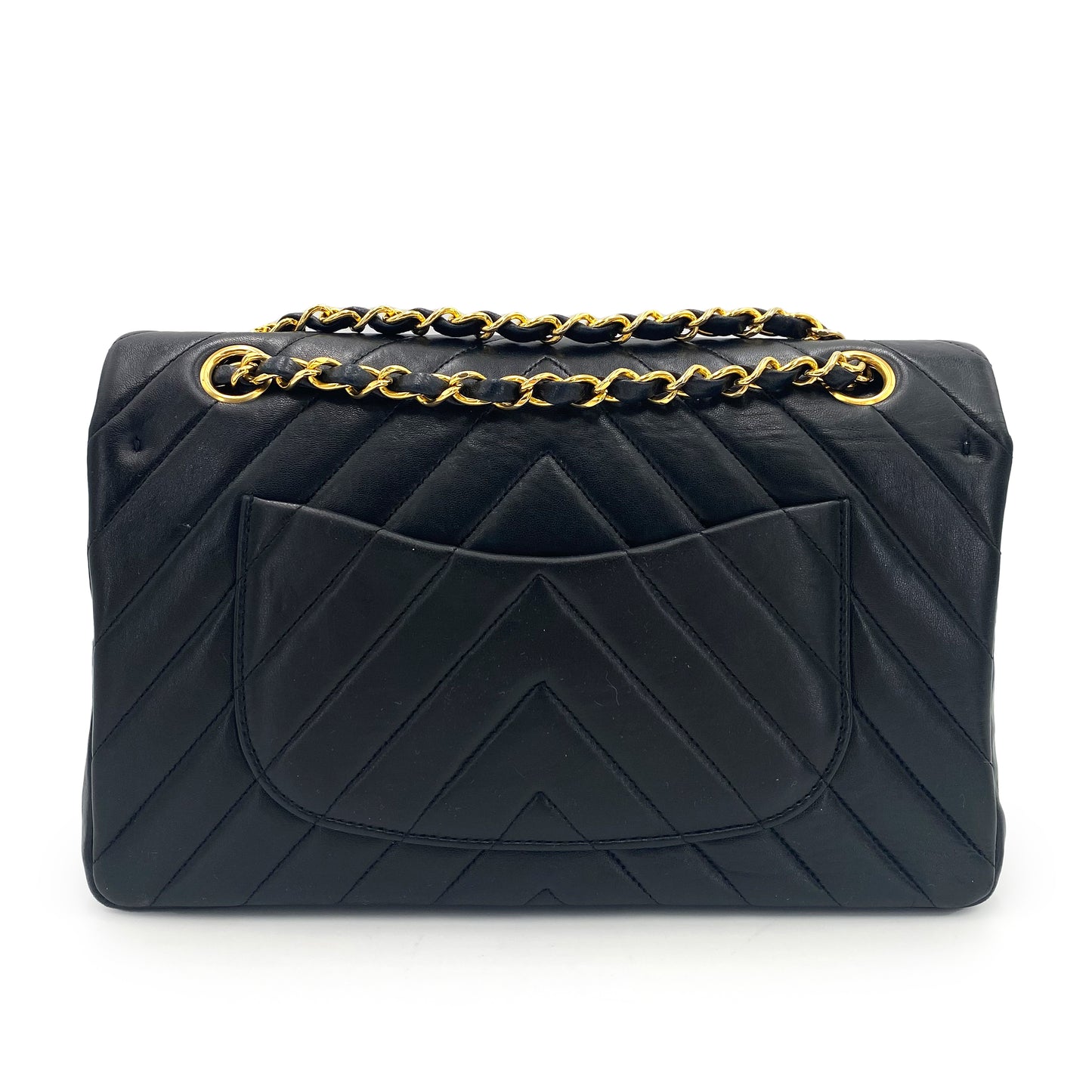 CHANEL VINTAGE CHEVRON DOUBLE FLAP CHAIN SHOULDER BAG BLACK LAMB SKIN 90240429