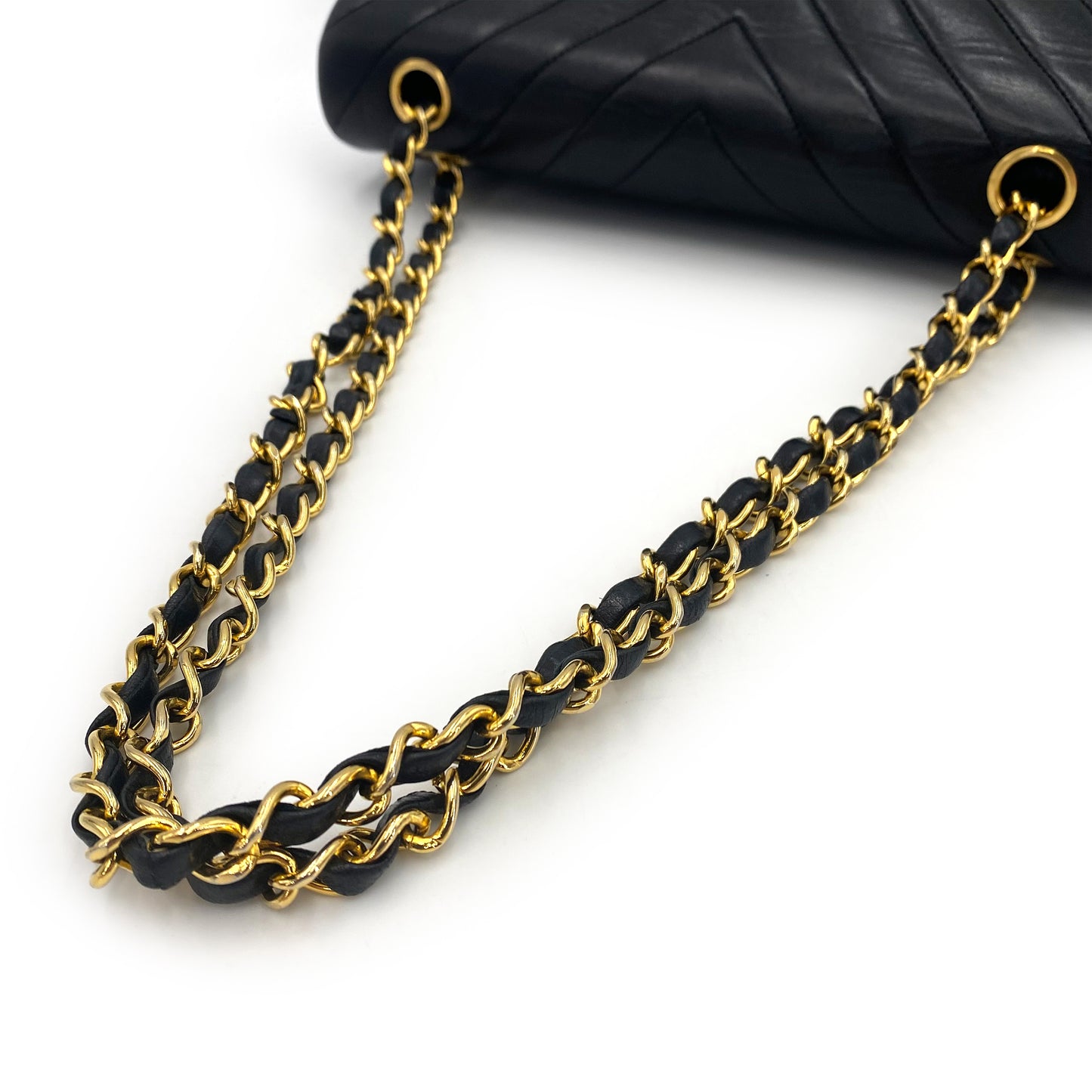 CHANEL VINTAGE CHEVRON DOUBLE FLAP CHAIN SHOULDER BAG BLACK LAMB SKIN 90240429