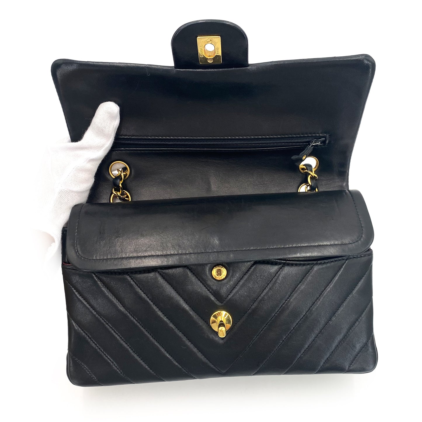 CHANEL VINTAGE CHEVRON DOUBLE FLAP CHAIN SHOULDER BAG BLACK LAMB SKIN 90240429