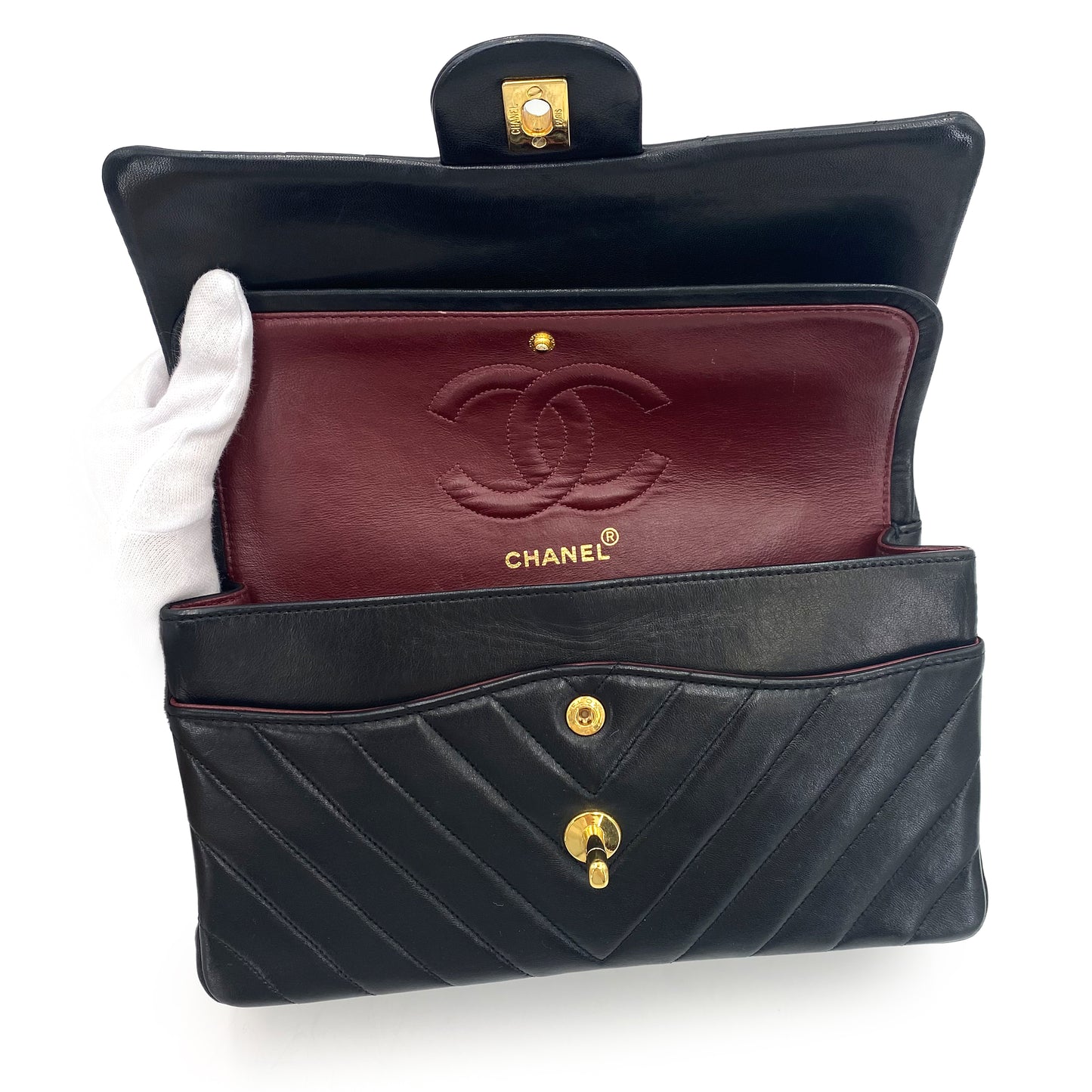 CHANEL VINTAGE CHEVRON DOUBLE FLAP CHAIN SHOULDER BAG BLACK LAMB SKIN 90240429