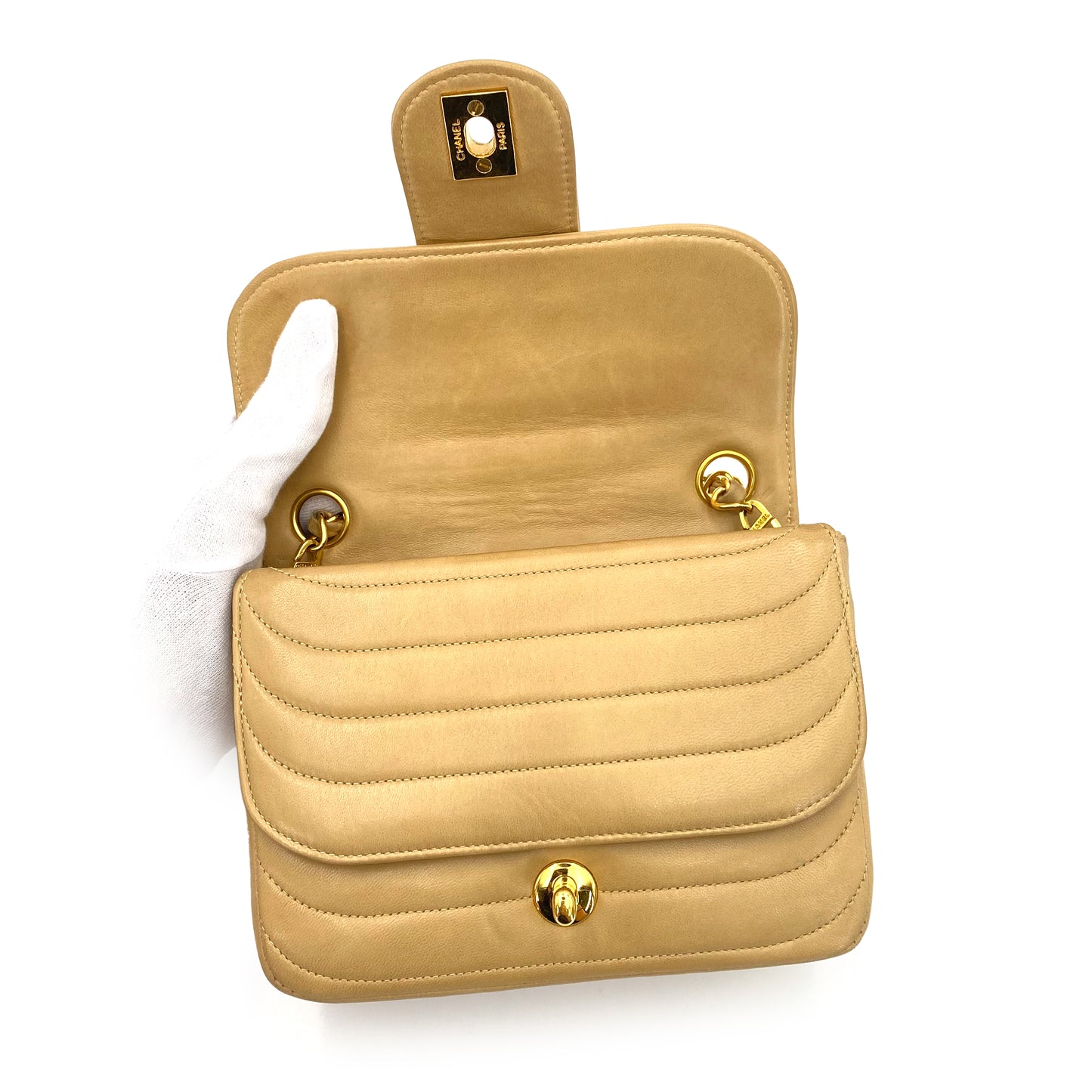 CHANEL VINTAGE MINI MADEMOISELLE CHAIN SHOULDER BAG BEIGE LAMB SKIN 90240432