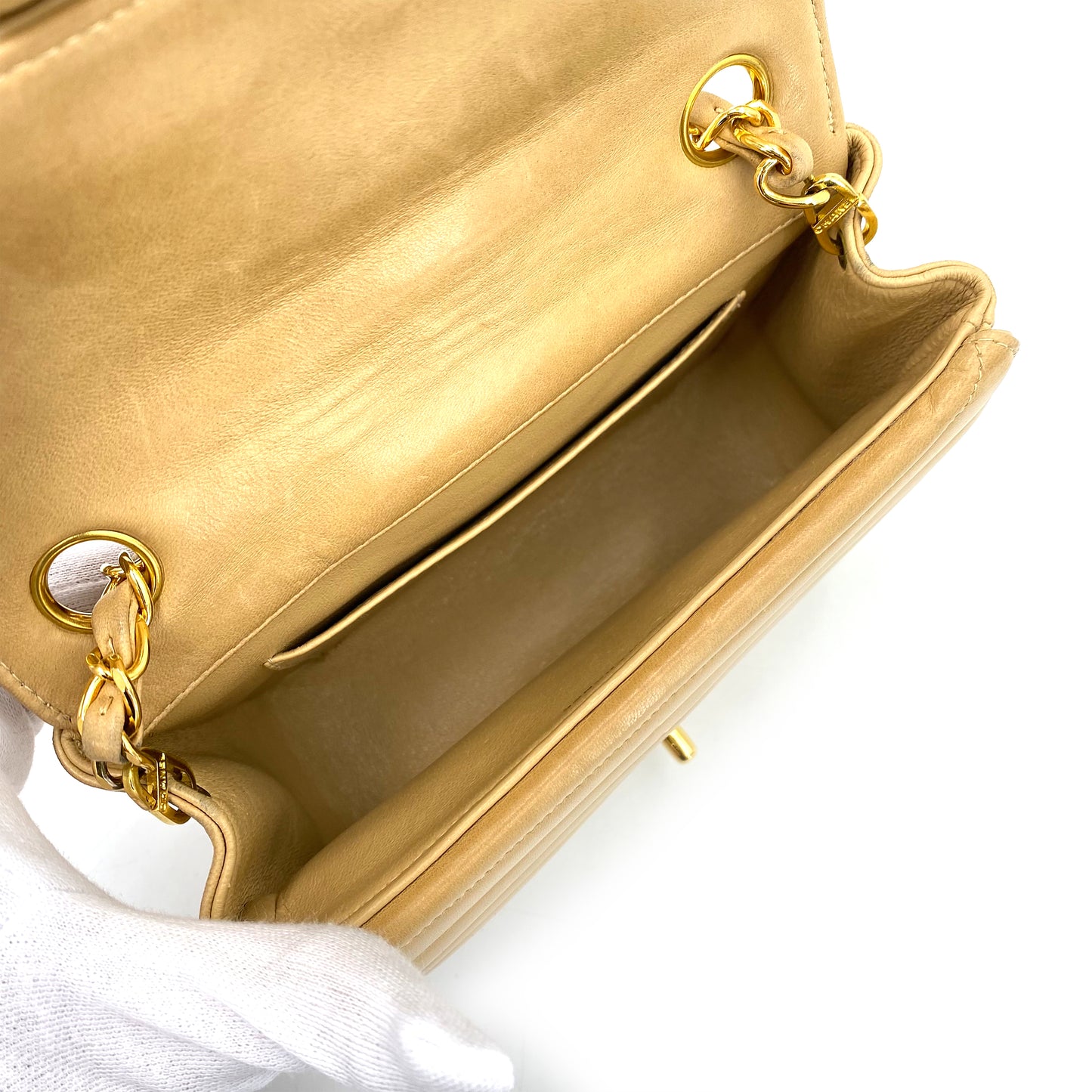 CHANEL VINTAGE MINI MADEMOISELLE CHAIN SHOULDER BAG BEIGE LAMB SKIN 90240432