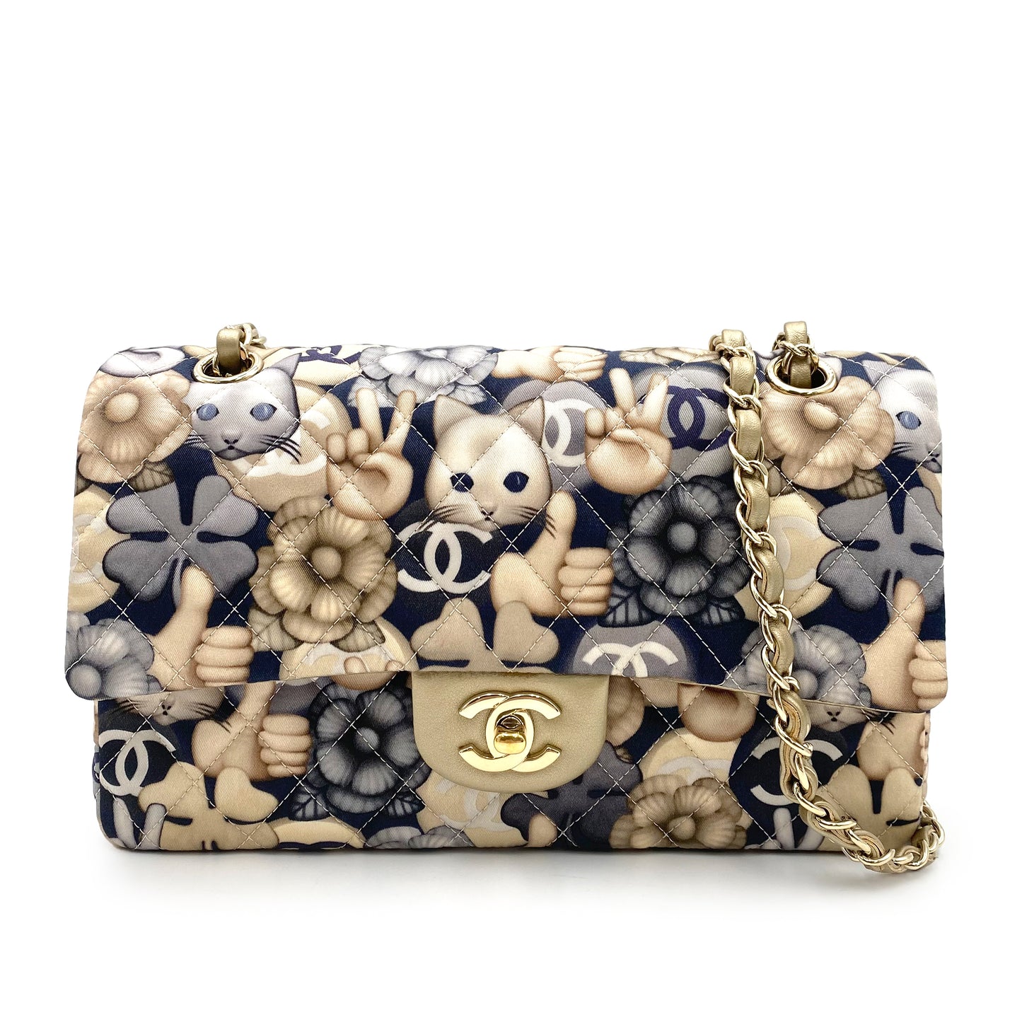 CHANEL CLASSIC FLAP MEDIUM CHAIN SHOULDER BAG CAT PATTERN MULTICOLOR NYLON LAMB SKIN 90240434