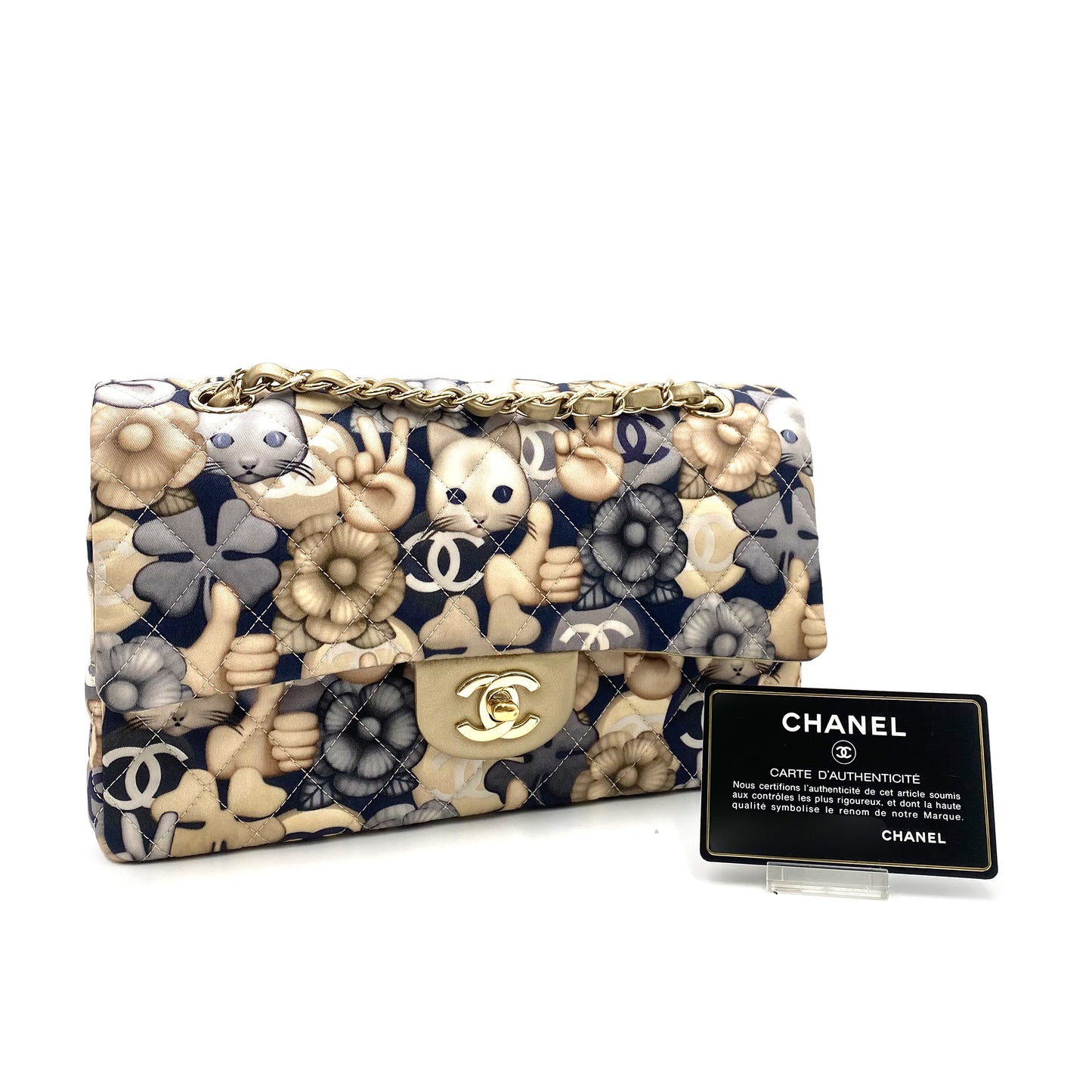 CHANEL CLASSIC FLAP MEDIUM CHAIN SHOULDER BAG CAT PATTERN MULTICOLOR NYLON LAMB SKIN 90240434