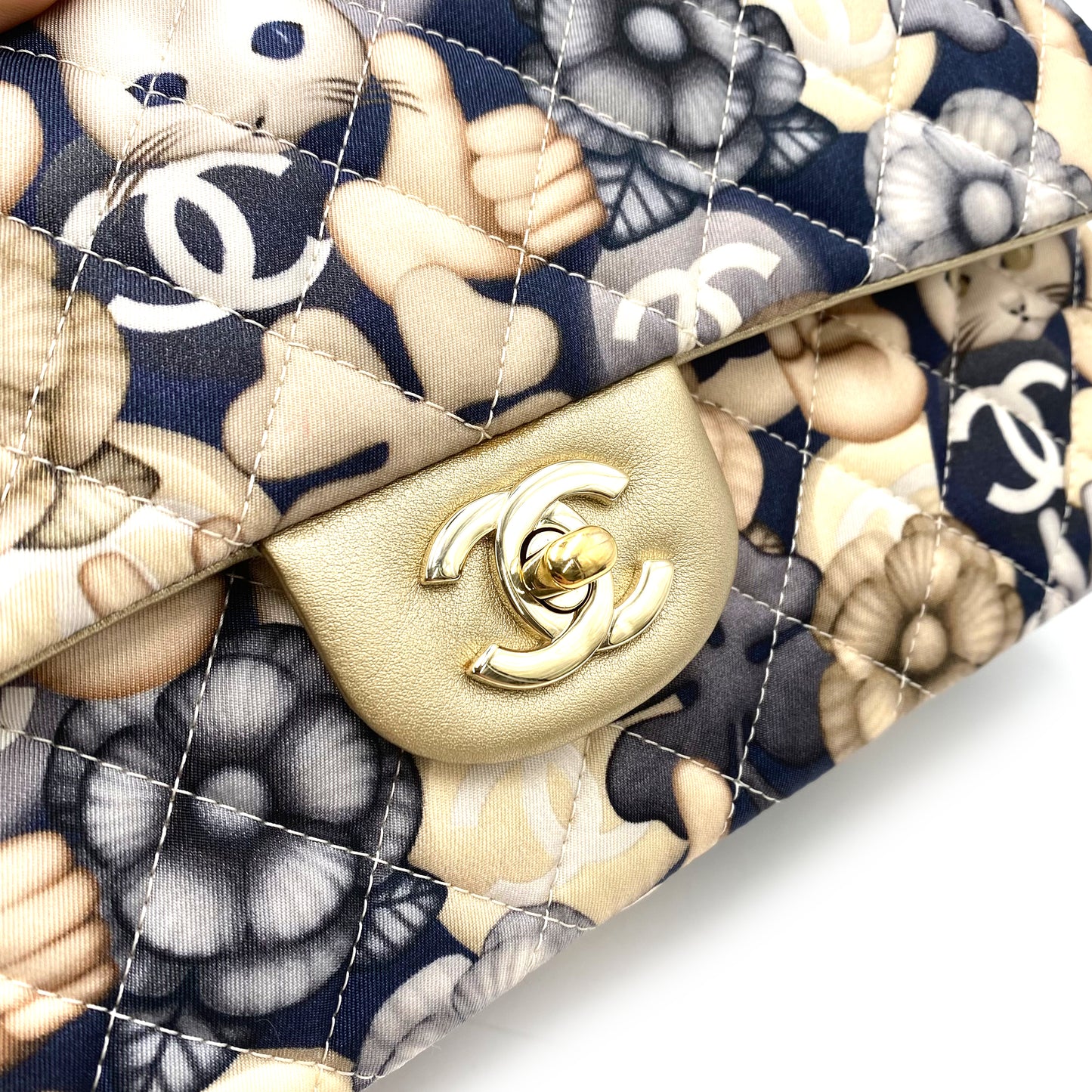 CHANEL CLASSIC FLAP MEDIUM CHAIN SHOULDER BAG CAT PATTERN MULTICOLOR NYLON LAMB SKIN 90240434