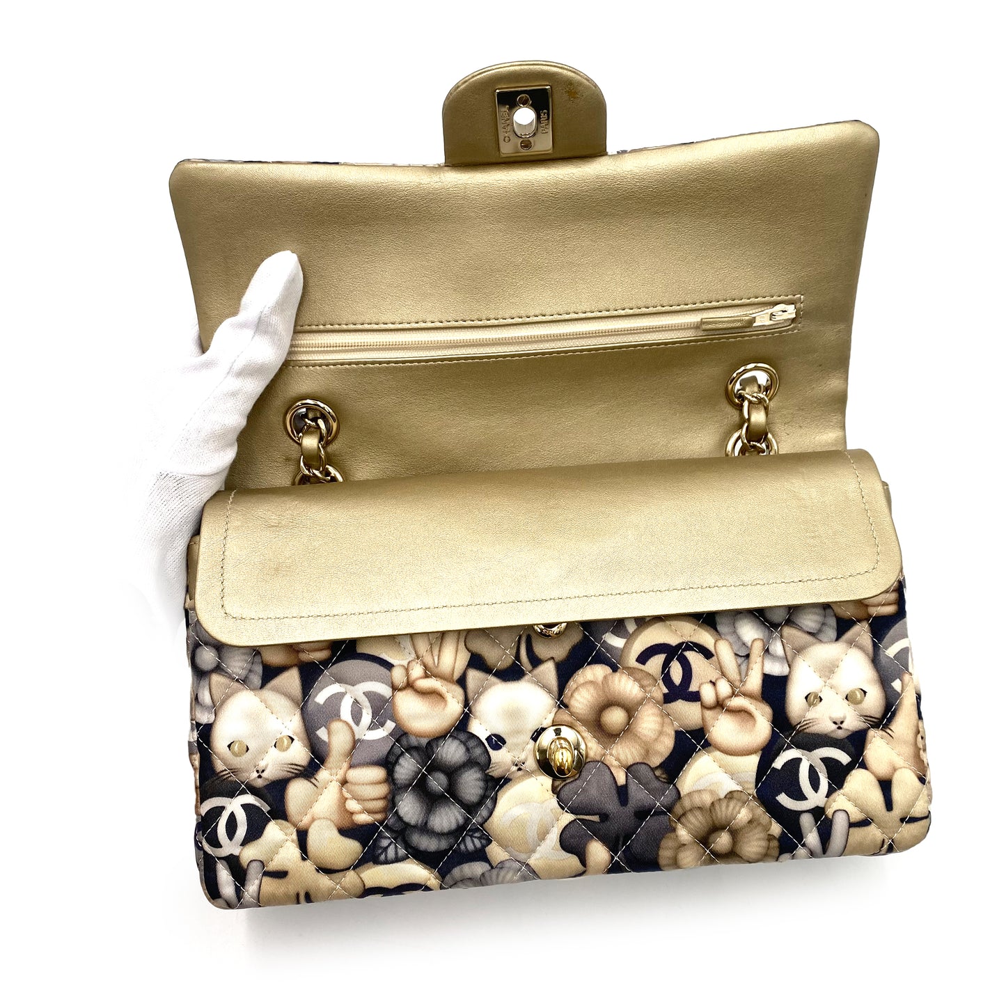 CHANEL CLASSIC FLAP MEDIUM CHAIN SHOULDER BAG CAT PATTERN MULTICOLOR NYLON LAMB SKIN 90240434