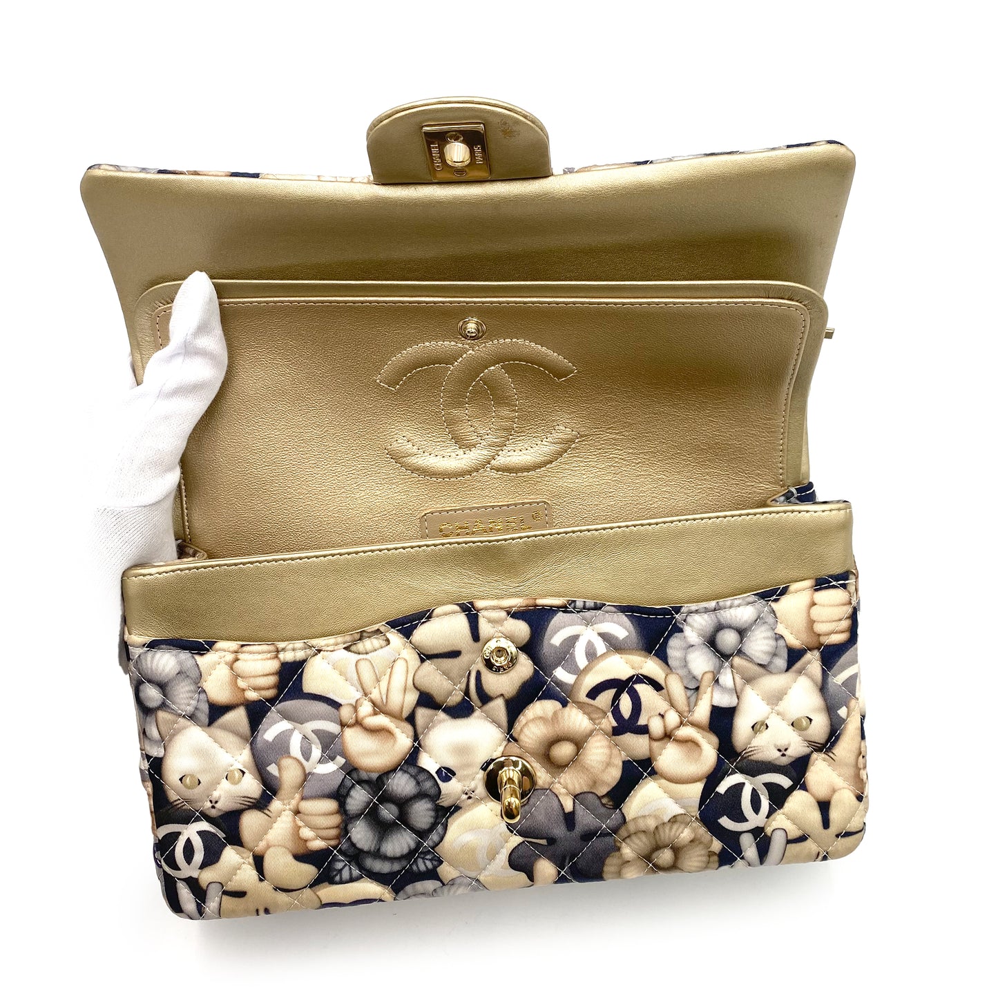 CHANEL CLASSIC FLAP MEDIUM CHAIN SHOULDER BAG CAT PATTERN MULTICOLOR NYLON LAMB SKIN 90240434