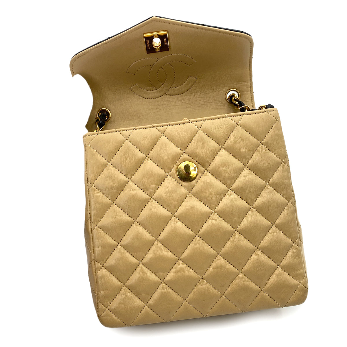 CHANEL VINTAGE MATELASSE CHAIN SHOULDER BAG BYCOLOR BEIGE BLACK LAMB SKIN 90240939