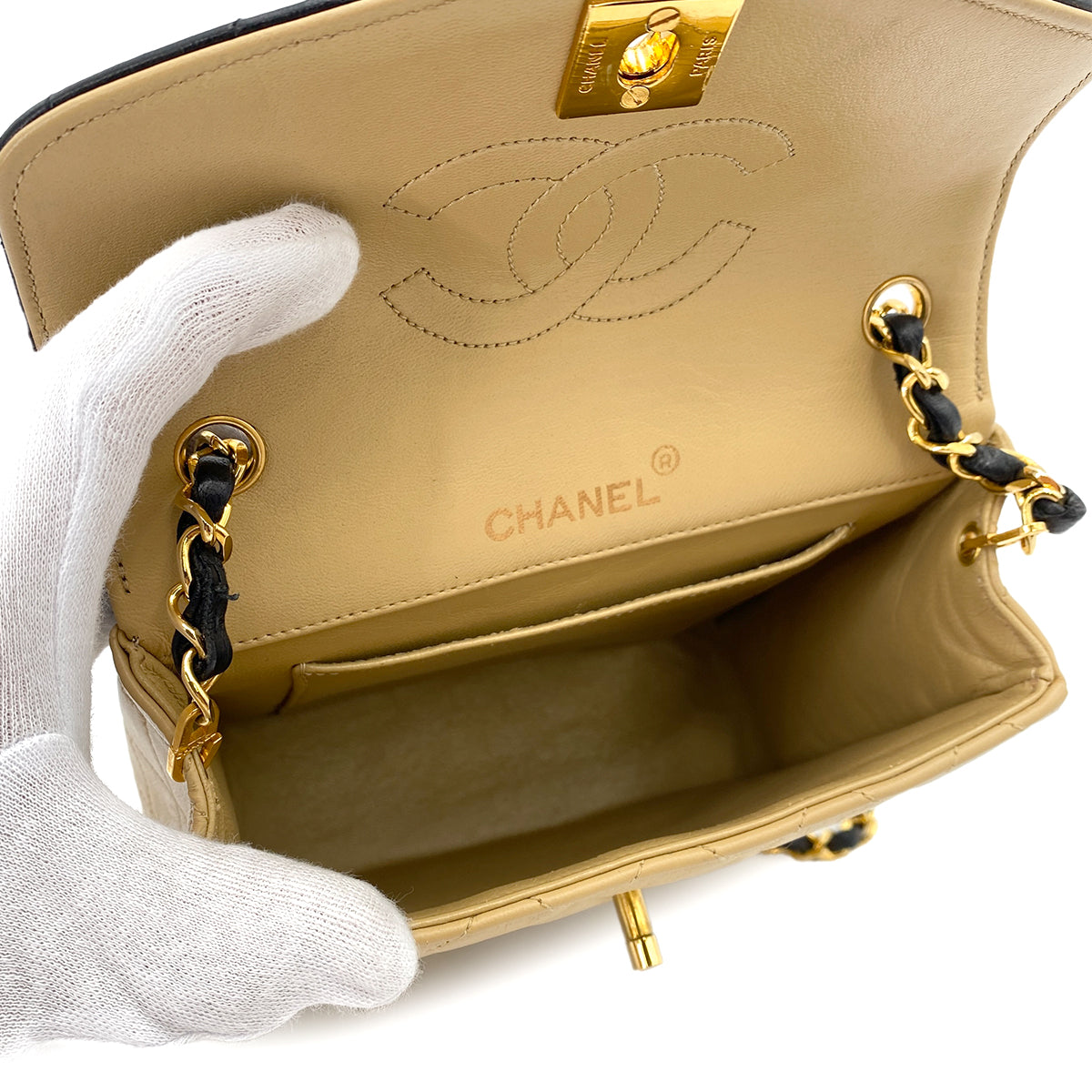 CHANEL VINTAGE MATELASSE CHAIN SHOULDER BAG BYCOLOR BEIGE BLACK LAMB SKIN 90240939