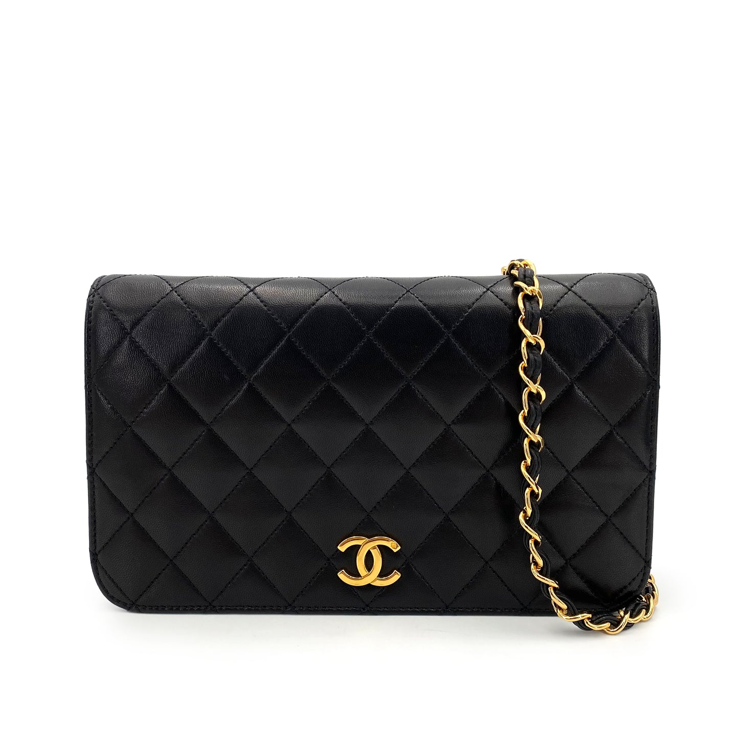 CHANEL VINTAGE FULL FLAP PUSH LOCK CHAIN SHOULDER BAG BLACK LAMB SKIN 90240943