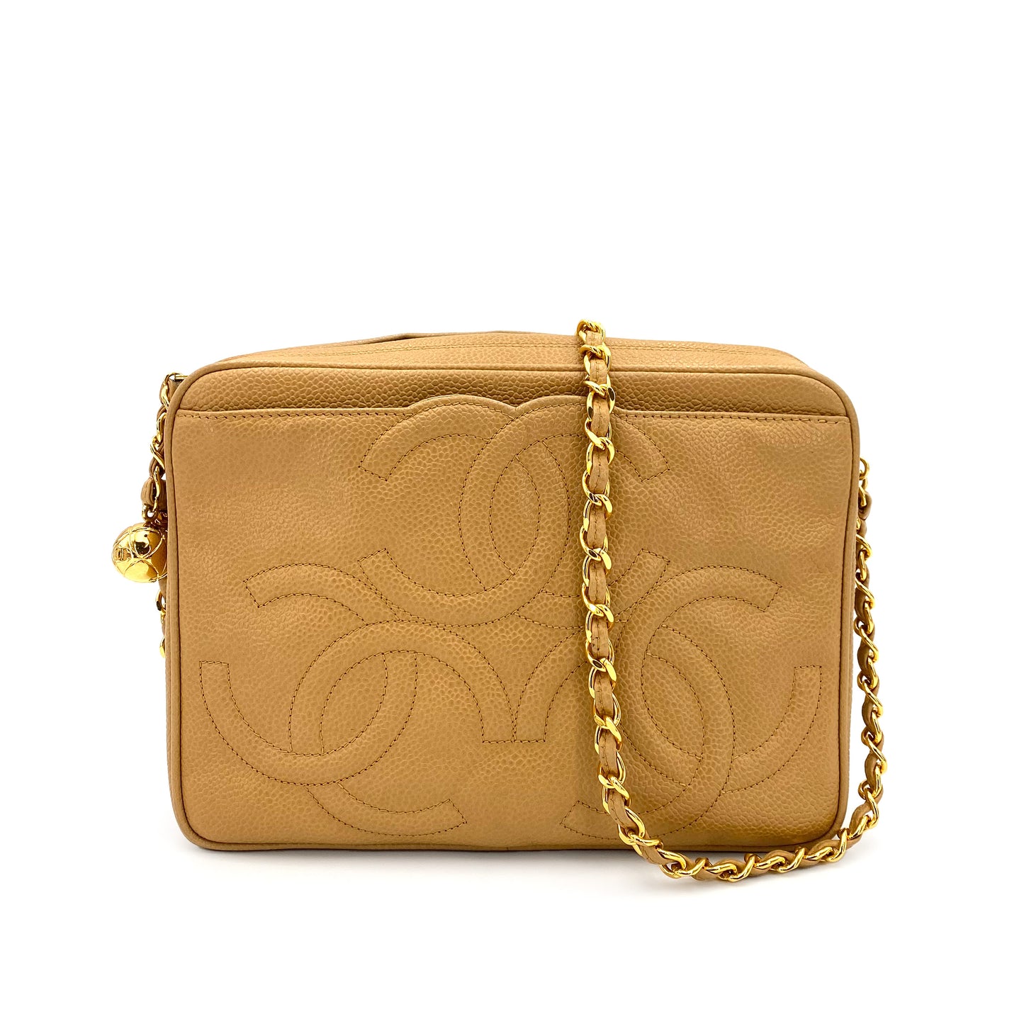 CHANEL VINTAGE TRIPLE COCOMARK CHAIN SHOULDER BAG BEIGE CAVIAR SKIN 90240954